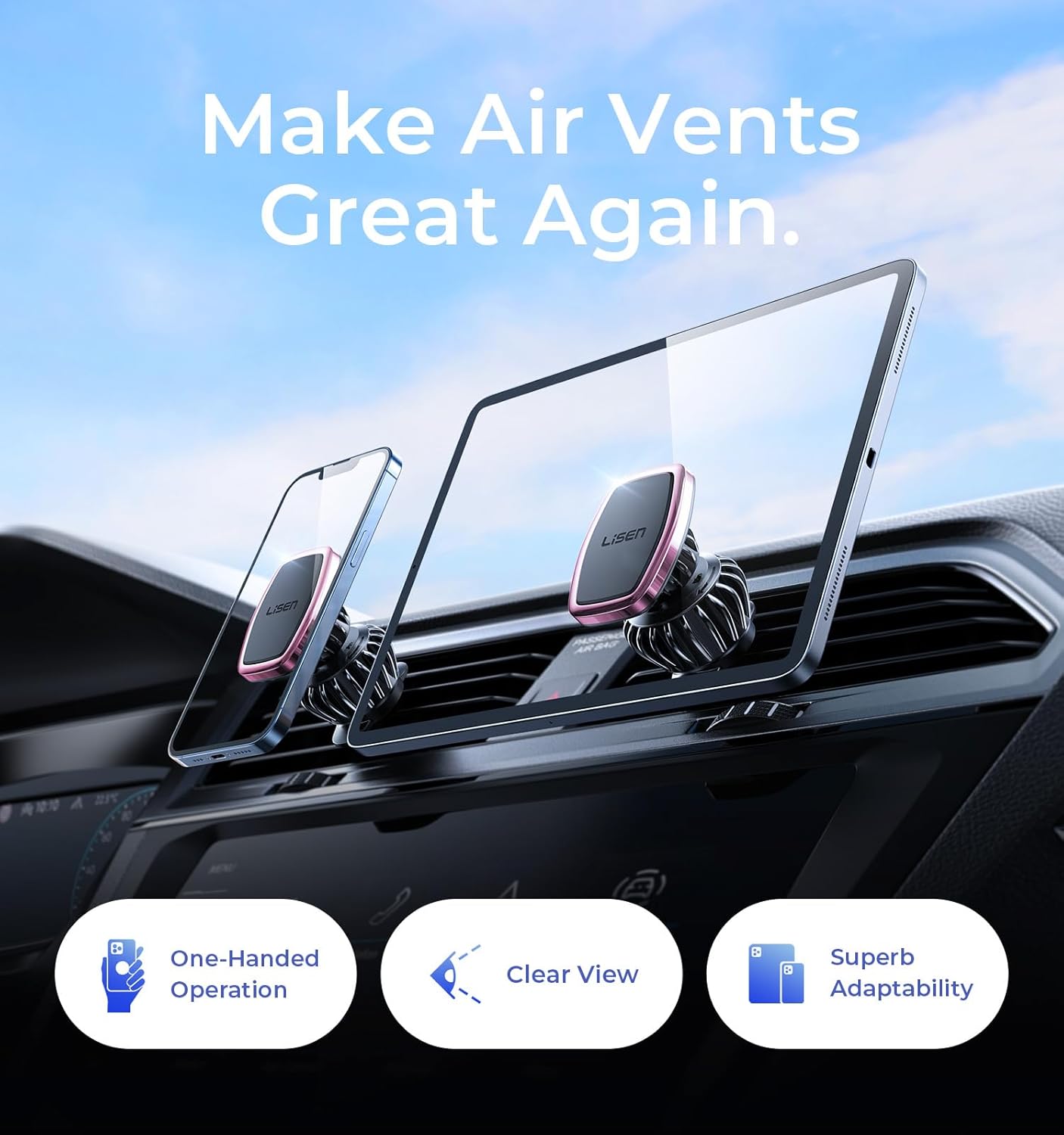 LISEN Magnetic Phone Holder for Car, [Easily Install] Car Phone Holder Mount [6 Strong Magnets] Cell Phone Holder for Car [Case Friendly] iPhone Car Holder Blue LV633