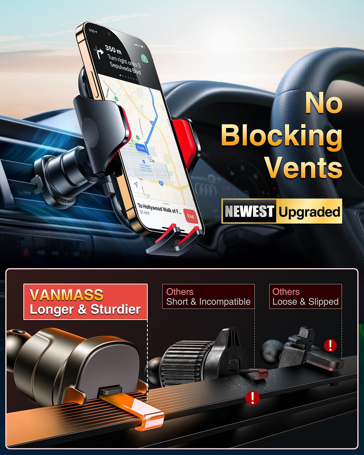 VANMASS [Longest Lasting] True Military-Grade Car Phone Holder Strongest Suction & Clip Cell Mount Dashboard Windshield Vent Automobile Cradle Truck Accessories for iPhone 16 15 Pro Max 14 13 Android