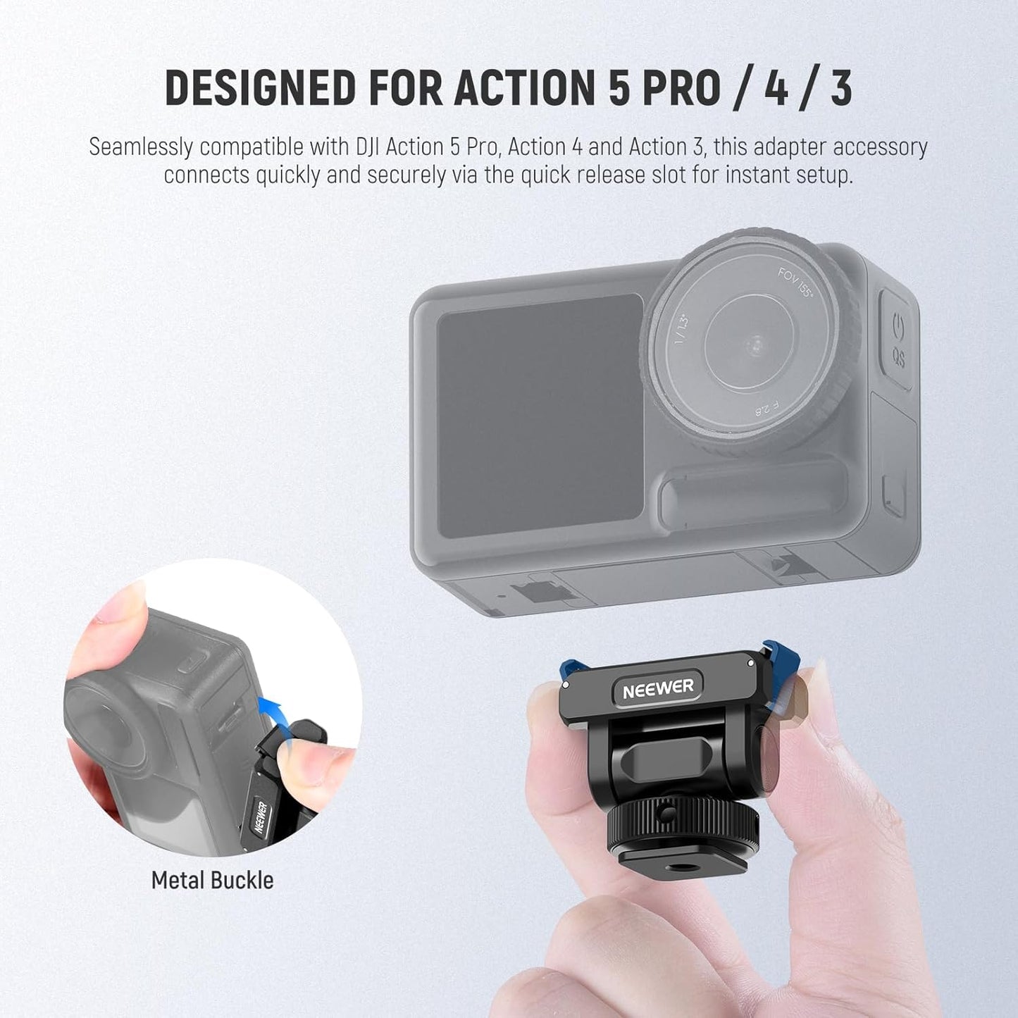 NEEWER Mount Adapter Compatible with DJI Osmo 360 / Action 5 Pro/4/3, Metal Magnetic Quick Release Action Camera Adapter Mount with 160° Tilt, Cold Shoe, 1/4" Thread, AC012