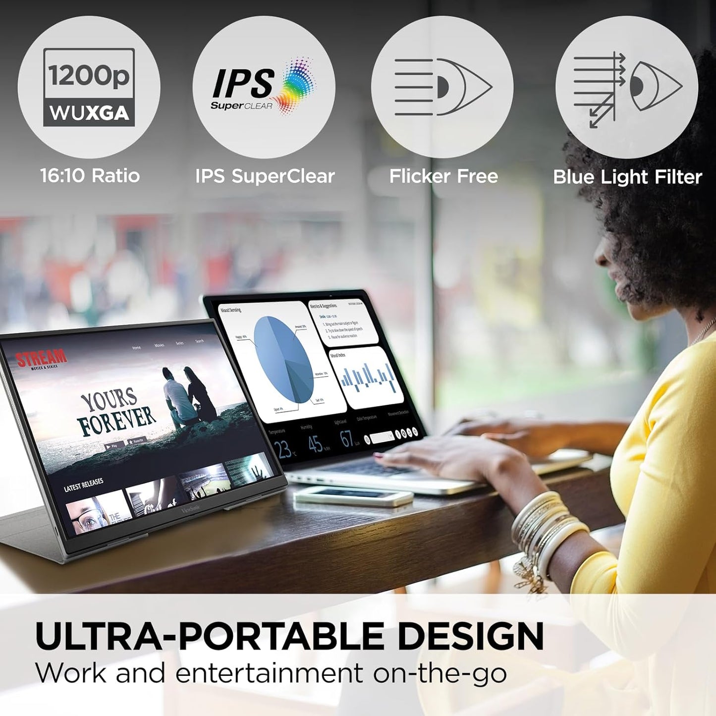 ViewSonic VG1656N 16 Inch 1200p IPS Wireless Portable Monitor with 2 Way Powered 60W USB C, Built-in 4000 mAh Battery and Stand with Smart Cover