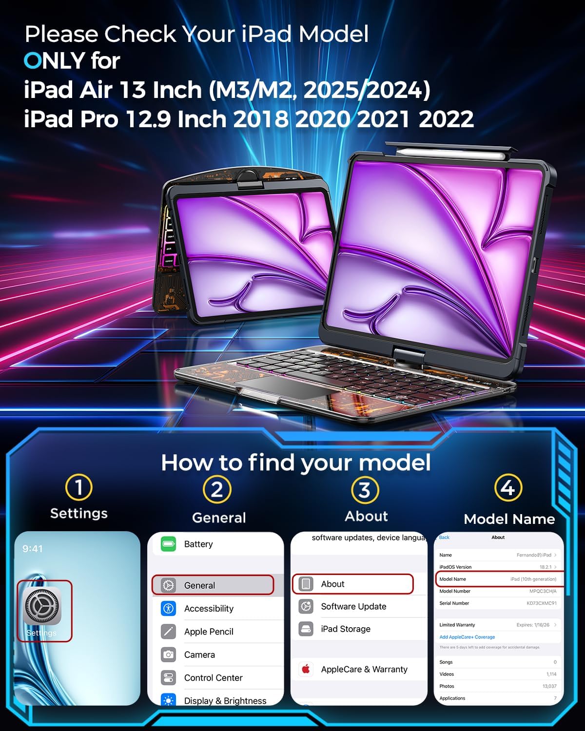 SIEBITU Clear Wireless Keyboard Case for iPad Air 13-inch (M3 2025/M2 2024) & iPad Pro 12.9-inch 6th 5th 4th 3rd Gen with Pencil Holder, Multi-Touch Trackpad & 7-Color Backlit, 360°Rotating, Black