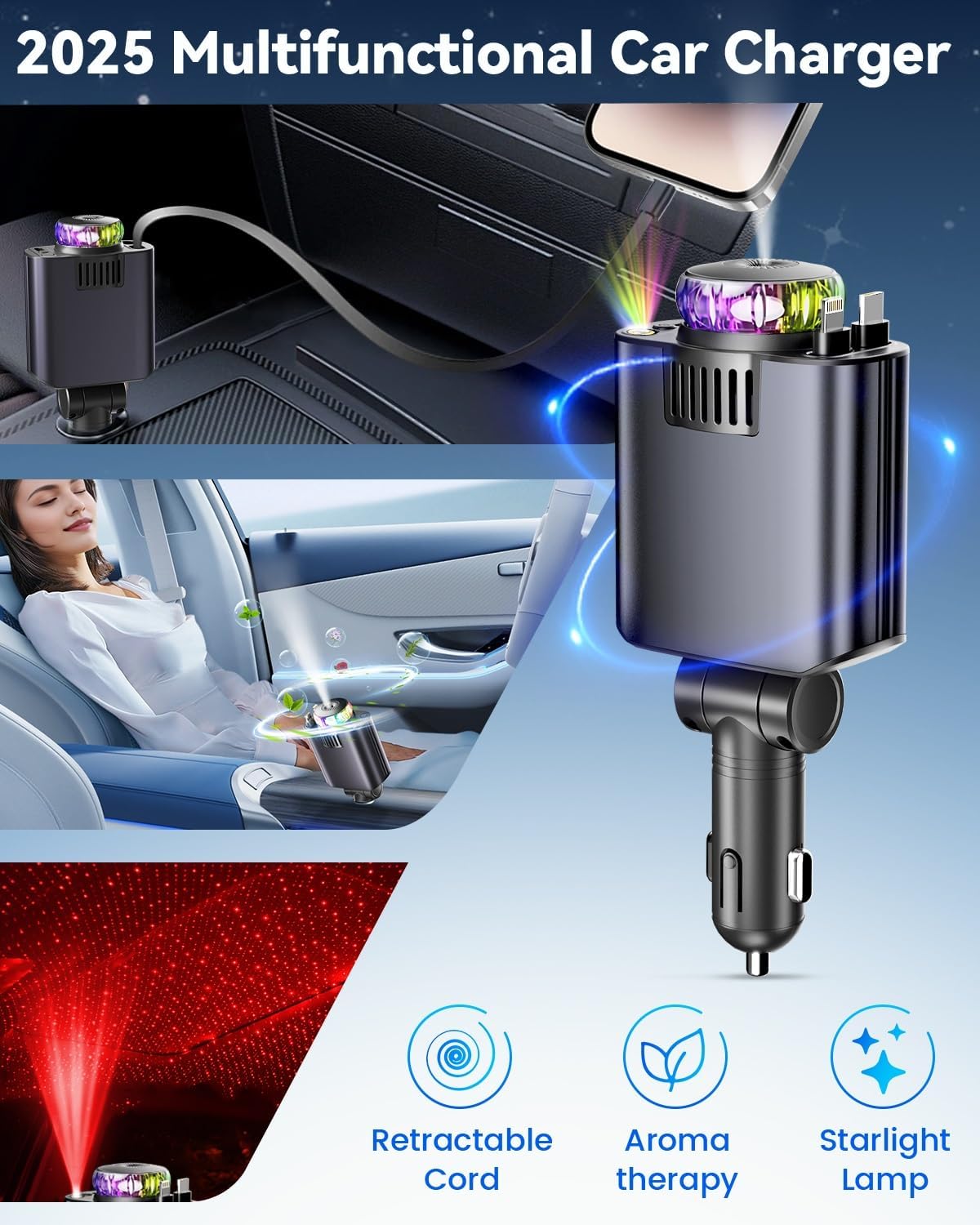 Retractable Car Charger with Air Freshener Diffuser & Star Lights,Multi Port Cigarette Lighter Adapter for iPhone Car Phone Charger USB-C/Type-C Fast Charging with 2 Retractable Cable (Black)