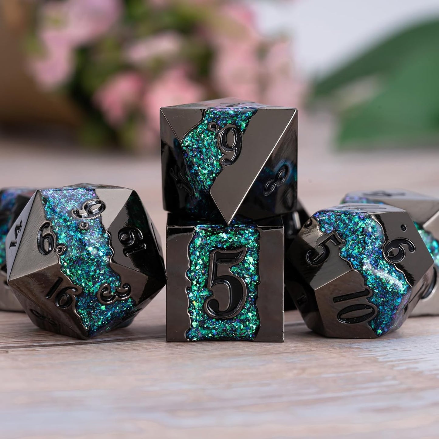 Metal RPG Dice Set,DND Polyhedral Dice Set 7pcs,Metallic Glitter Large Stripe Dice Set for Dungeons and Dragons Role Playing Games(Black Nickel Dark Green)