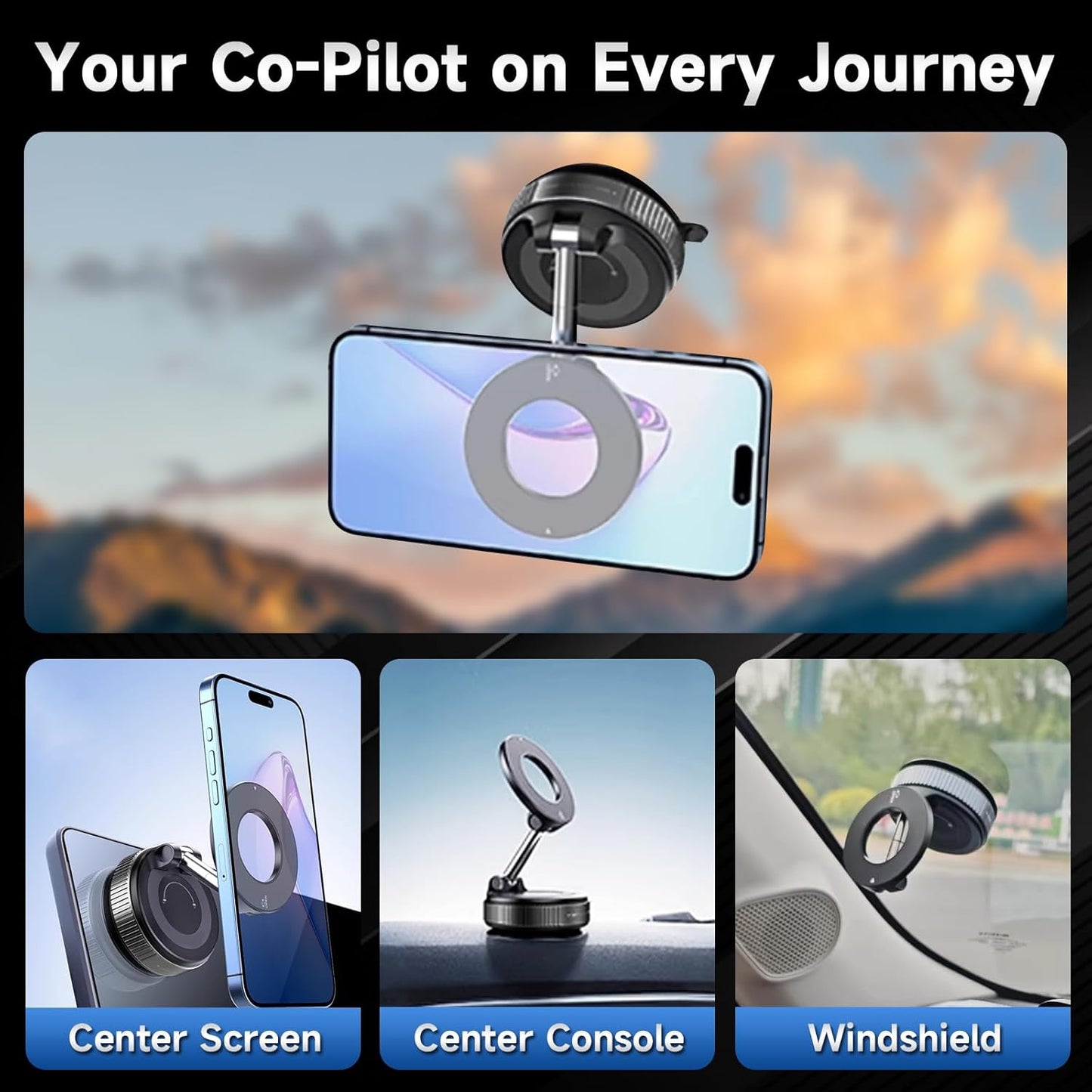 2026 Upgraded Vacuum Magnetic Car Phone Holder 360° Suction Cup Phone Mount for Magsafe Cell Phone Holders, Hands-Free Adjustable Foldable for iPhone 16 Pro Max & All Smartphones Car Gym Mirror