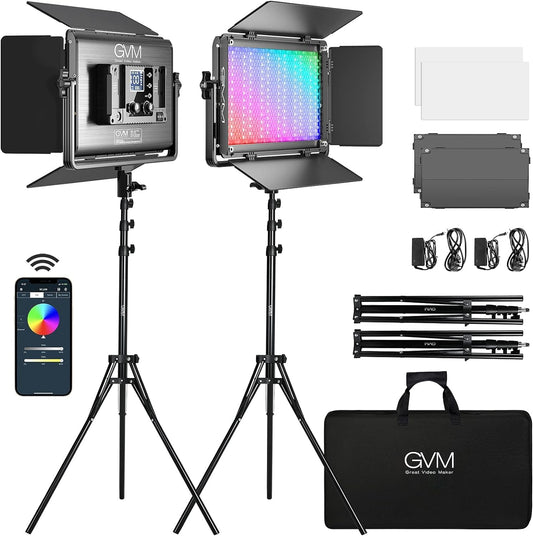 GVM 1300D RGB LED Video Light, 65W Video Lighting Kit with Bluetooth Control, 25000lux/0.5m, 2 Packs Led Panel Light for YouTube Studio, Video Shooting, Broadcasting, Conference, 18 Kinds Scene Modes