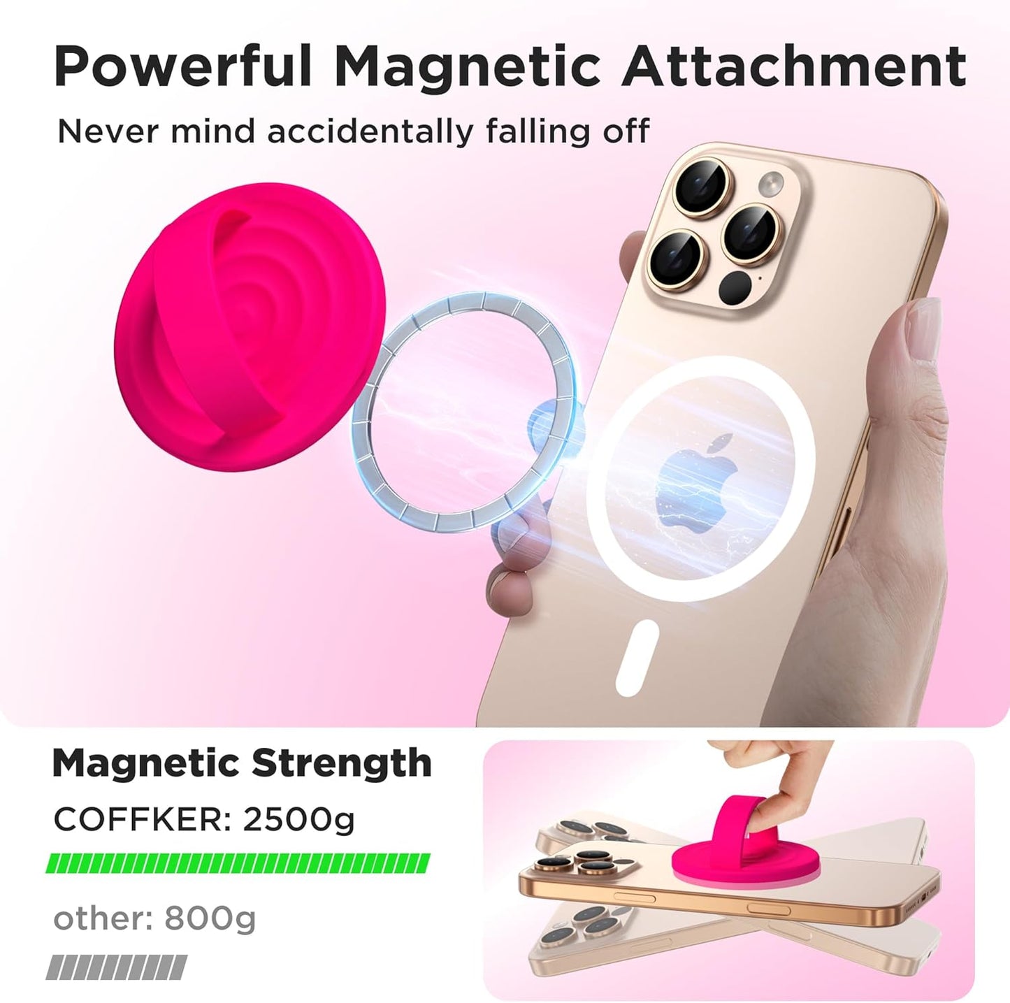 Magnetic Phone Ring Grip Holder, Silicone Finger Loop Grip, Compatible with MasSafe, Back of Phone for iPhone Pro Max/Plus/16/15/15/14/13/12 Series, Neon Pink