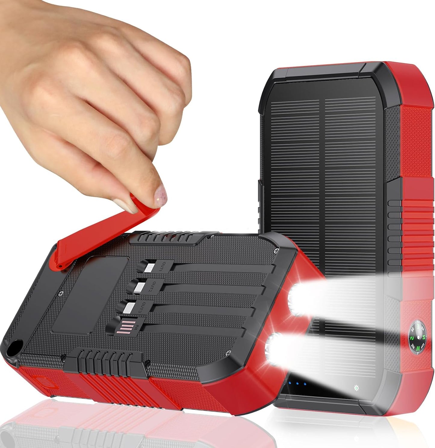 Solar Power Bank 66800mAh Built in Hand Crank and 4 Cables 22.5W Fast Charge,Camping Essentials/SOS/Strobe/Strong Flashlights,Compass Solar Portable Charger Power Bank (Red)