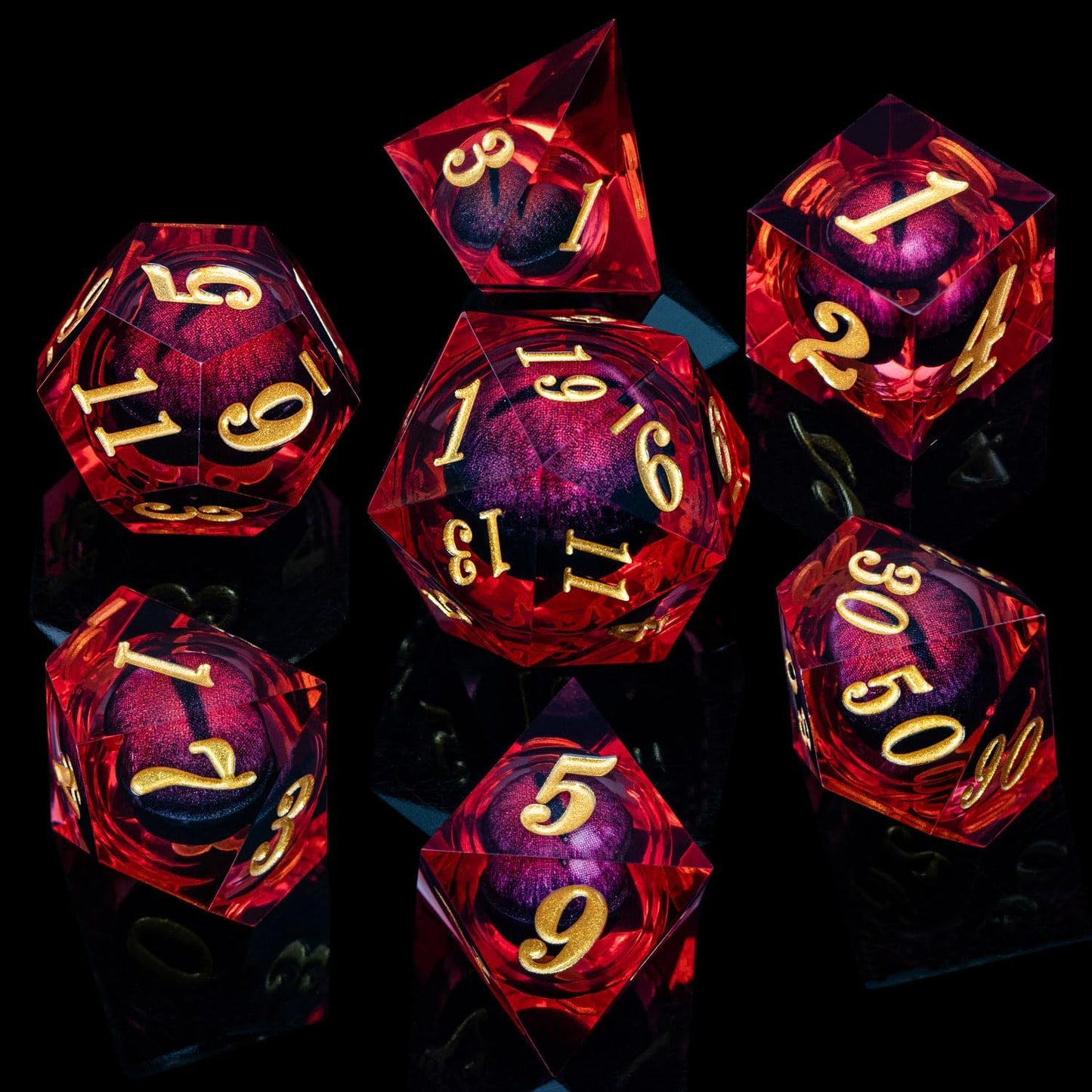 ARUOHHA DND Dragon Eye Dice Liquid Core Red Resin Sharp Edged Dice with Gift Box, Polyhedral D and D Dice Set Handmade Role Playing Game D20 D12 D10 D8 D6 D4