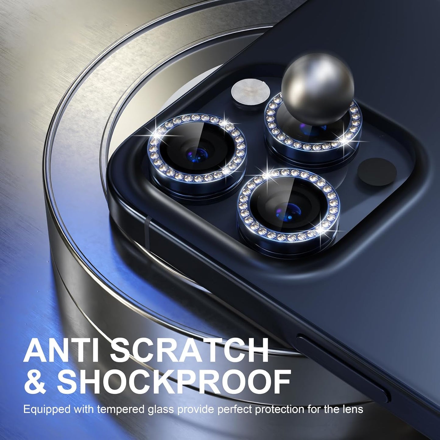 Choiche Compatible for iPhone 15 Pro/iPhone 15 Pro Max Camera Lens Protector Bling, 9H Tempered Glass Camera Cover Screen Protector Metal Ring Decoration Accessories (Diamond-Blue)