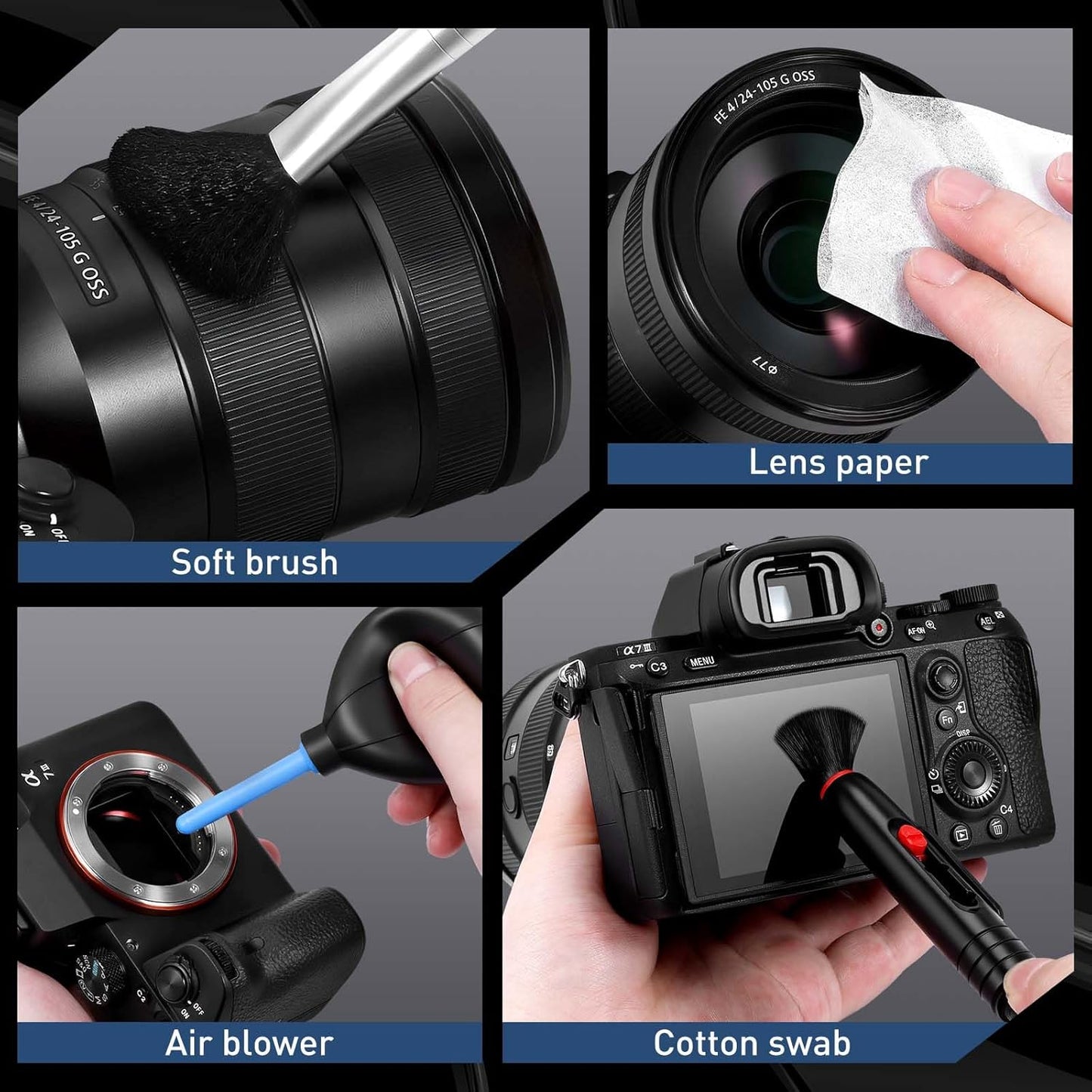 Camera Lens Cleaning Kit - Mirrorless and DSLR Camera Cleaning Kit for Canon, Sony, Nikon, Including Lens Paper/Blower, Cleaning Solution, Cotton swabs, dust Free Cloth, Lens Pen, Cleaning Brush