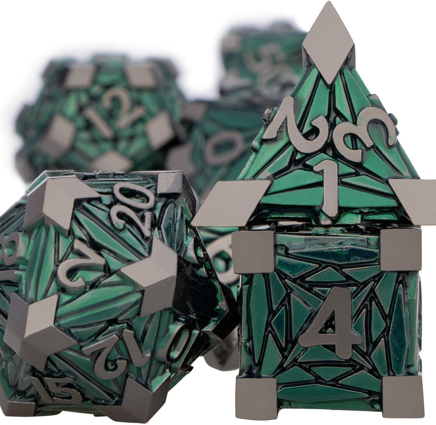 7PCS Metal DND Dice Set with Box, Debris RPG Green D and D Dice for use with D&D Tabletop Games Role Playing Game Polyhedral Dice Set D20 D12 D10 D8 D6 D4