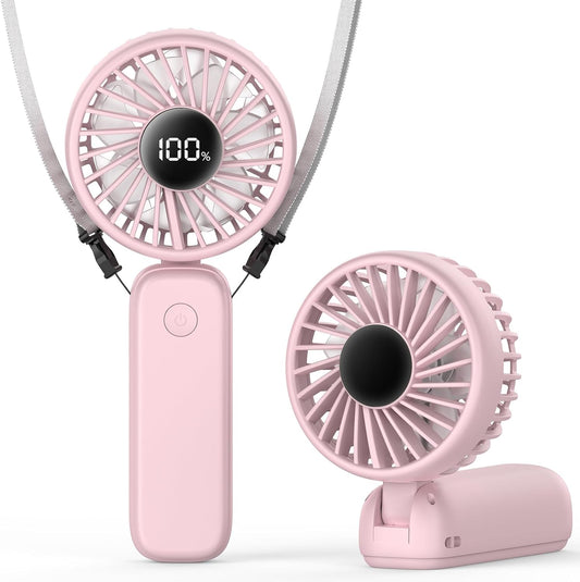 PANERGY Portable Handheld Fan, 5000mAh Rechargeable, 14H Max Cooling Time, 4 Gear Wind & LED Display, 90° Foldable Design, 3-IN-1 Mini Fan for Travel Working Concerts Makeup - Pink