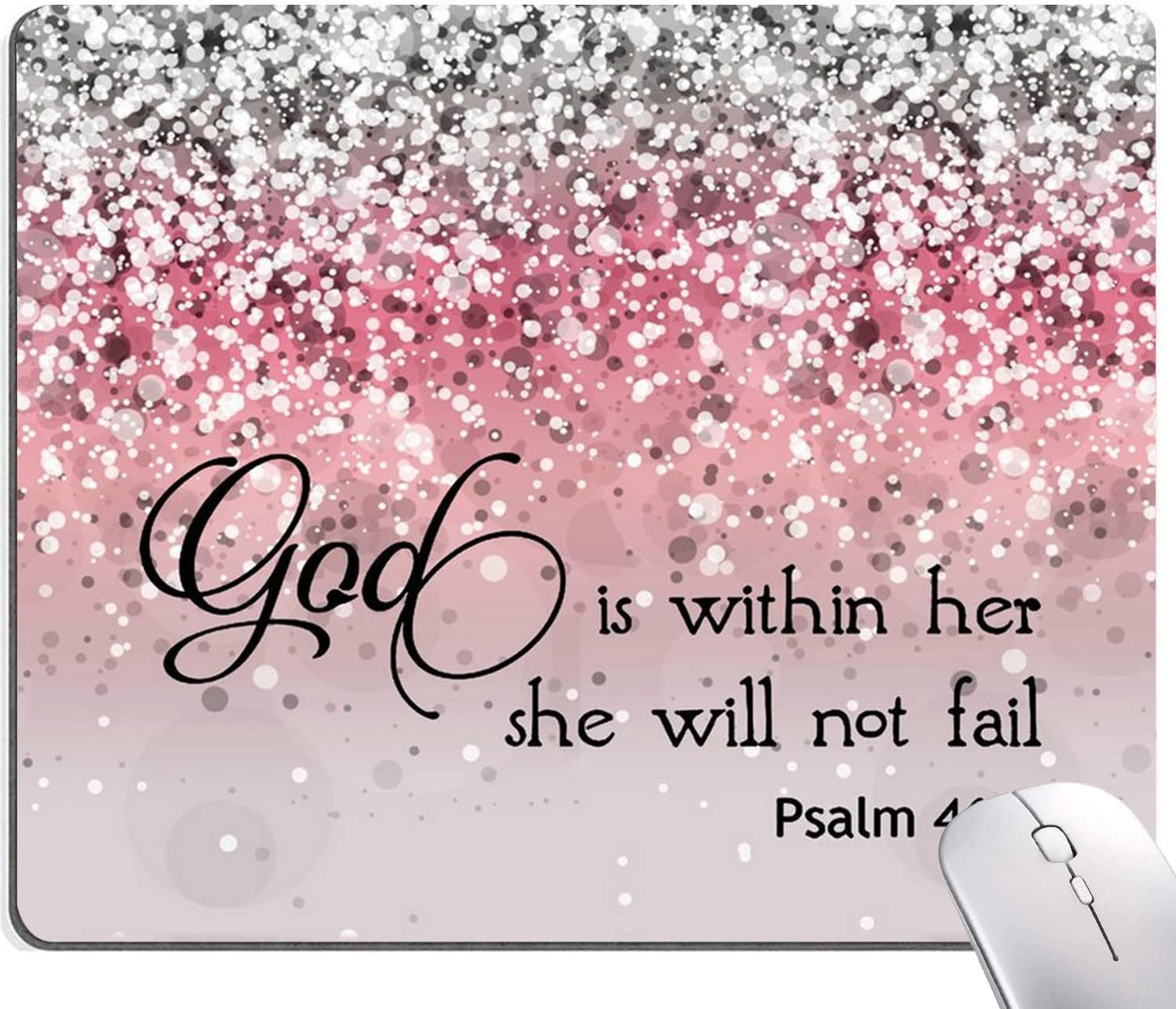 Mouse Pad, Bible Verse Pink Sparkles Glitter Mouse pad, Square Waterproof Mouse Pad Non-Slip Rubber Base MousePads for Office Laptop, (Psalm 46:5 God is Within Her,She Will not Fall)
