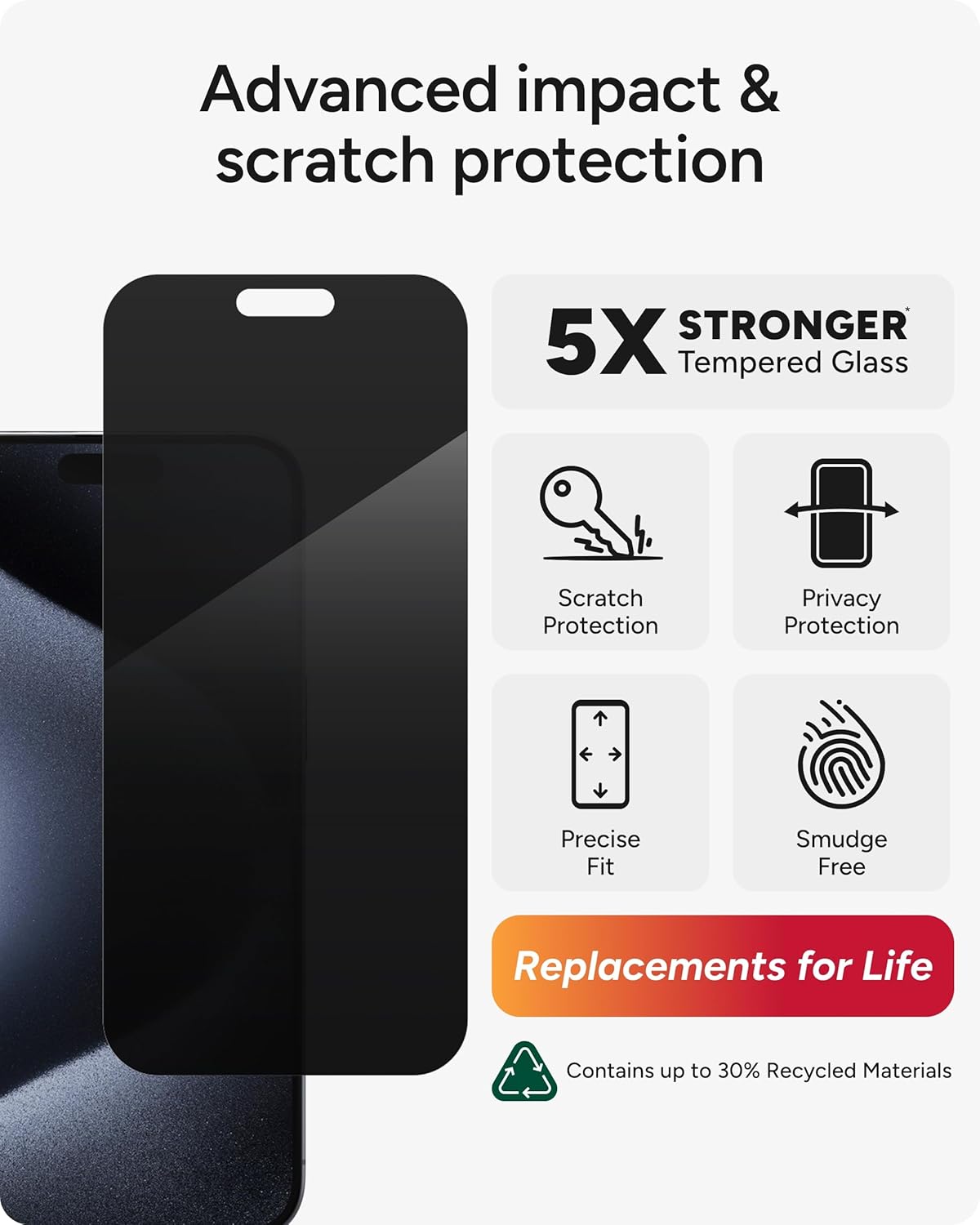 ZAGG InvisibleShield Glass Elite Privacy iPhone 15 Pro Max Screen Protector - 5X Stronger with Reinforced Edges, 2-Way Privacy Filter, Scratch & Smudge-Resistant Surface, Easy to Install