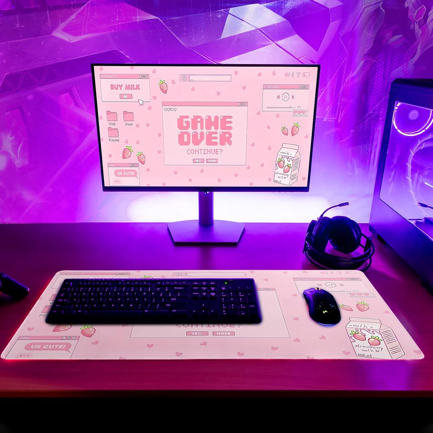 Pink Gaming Mouse Pad 31.5x11.8 Inch Pastel Game Over Large Mousepad Kawaii Office Decor for Women Non-Slip Rubber Base Stitched Edges Keyboard Mouse Mat Desk Pad for Office Home and Game
