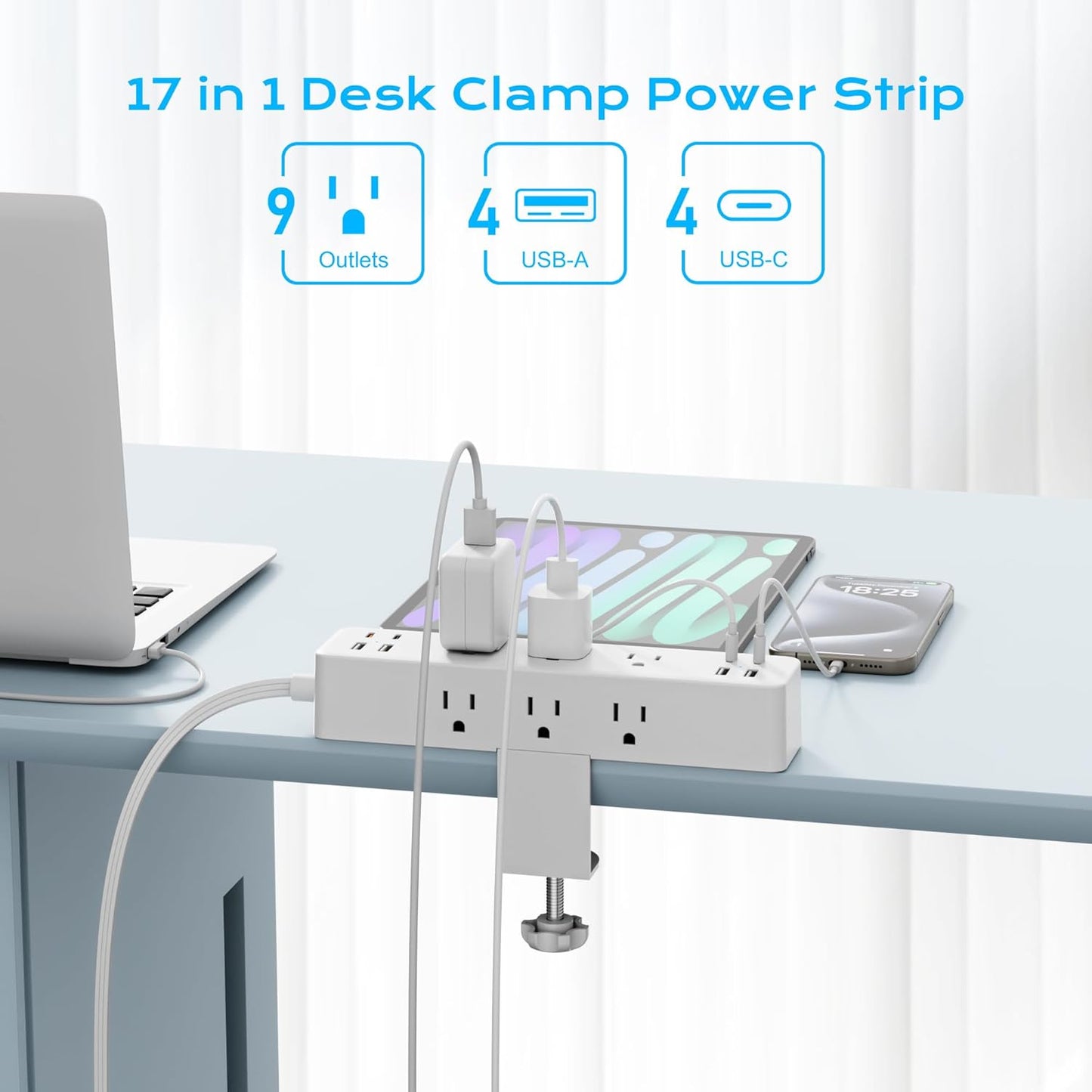 Flat Plug Desk Clamp Power Strip 10FT, 40W Total Fast Charging Station, 2 PD20W USB C Ports, Desk Edge Mount Power Strip 9 AC Outlets 8 USB Ports Surge Protector, Fit 1.7" Tabletop Edge, White