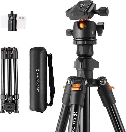 K&F Concept 64 inch/163cm Camera Tripod,Lightweight Travel Outdoor DSLR Tripods with 360 Degree Ball Head Load Capacity 8kg/17.6lbs,Cellphone Clip for Smartphone Live Streaming Vlog O234A1+BH-36