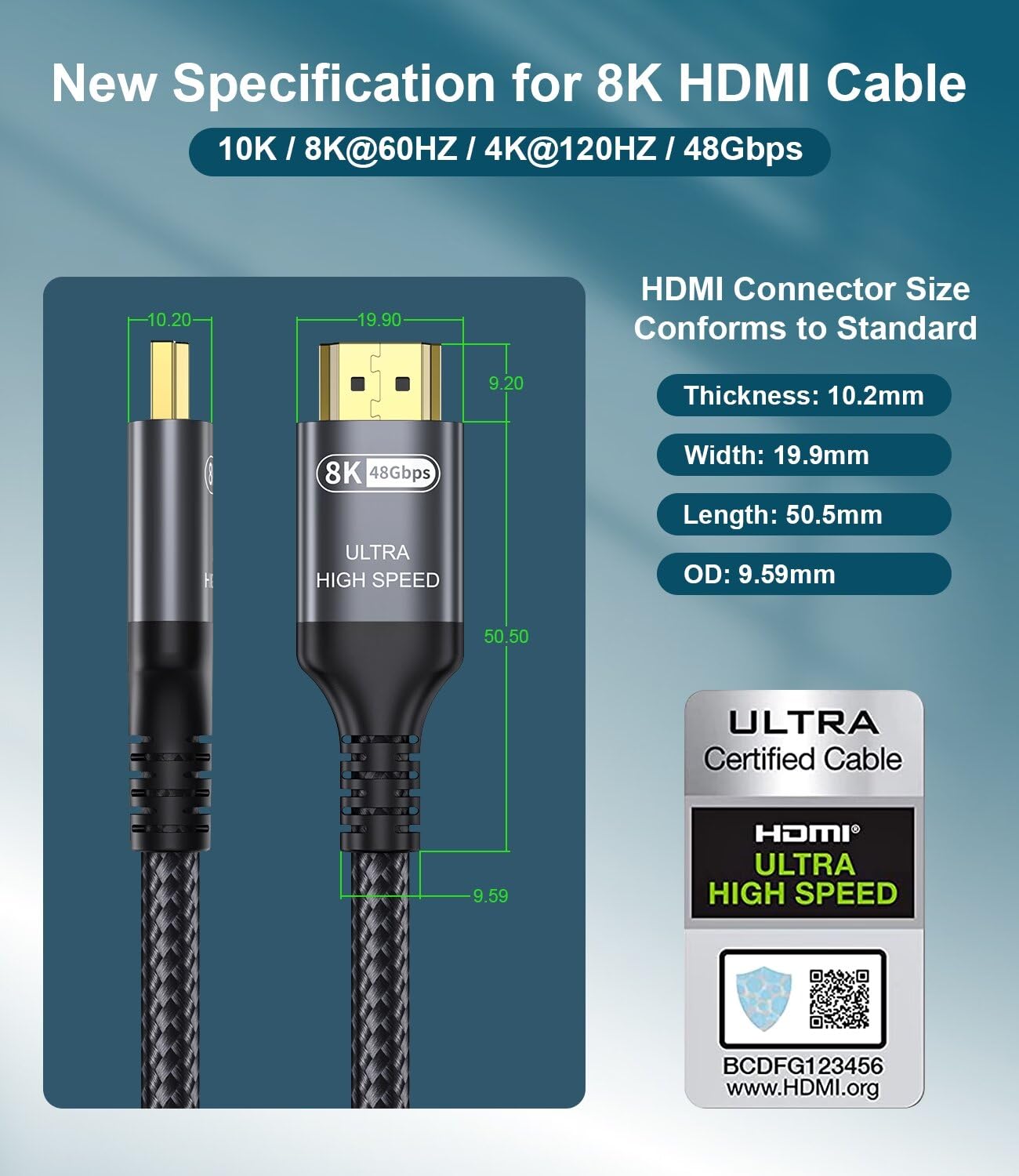 Certified 10K 8K HDMI 2.1 Cable 1.64 FT, 48Gbps Ultra High Speed HDMI Cable with Ethernet 4K 240Hz 165Hz 144Hz 120Hz 8K60Hz eARC HDCP2.3 HDR10+ PC Laptop TV Monitor Projector
