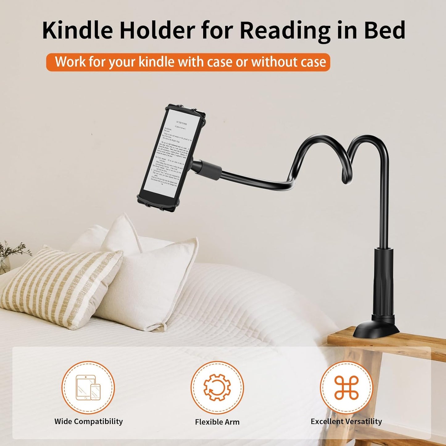 Gooseneck Kindle Holder for Reading in Bed - [Anti-Slip] Phone Holder for Bed, Kindle Paperwhite Stand Accessories, Overhead Cell Phone Clamp Mount for Desk, for Tablets 4-10 inches