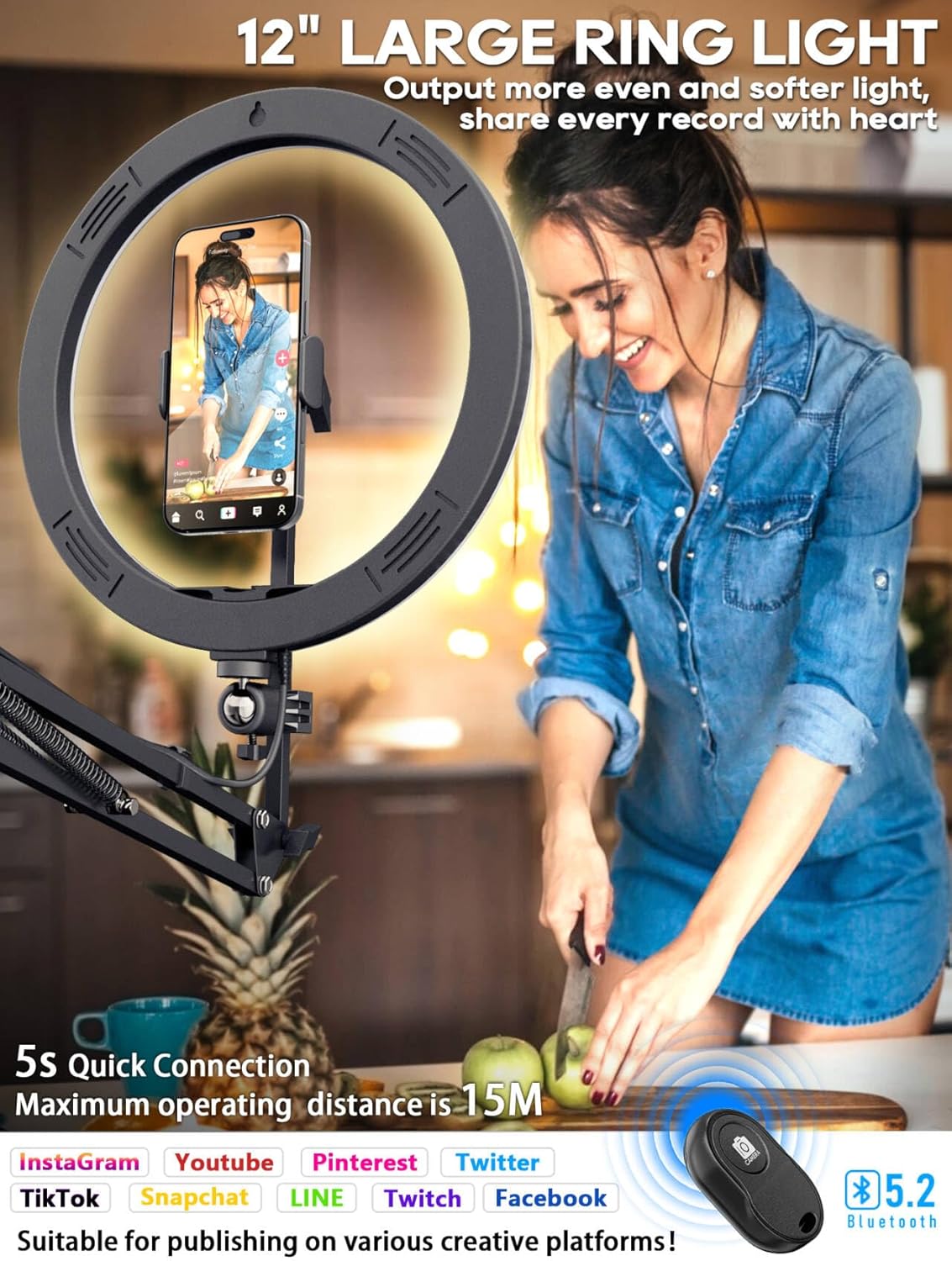 Upgrade Ring Light Overhead Phone Mount, 12”Circle LED Desk Ring Light with Clamp for Video Recording,Flexible Articulating Phone Arm Stand Compatible with iPhone,Live Streaming YouTube Tiktok