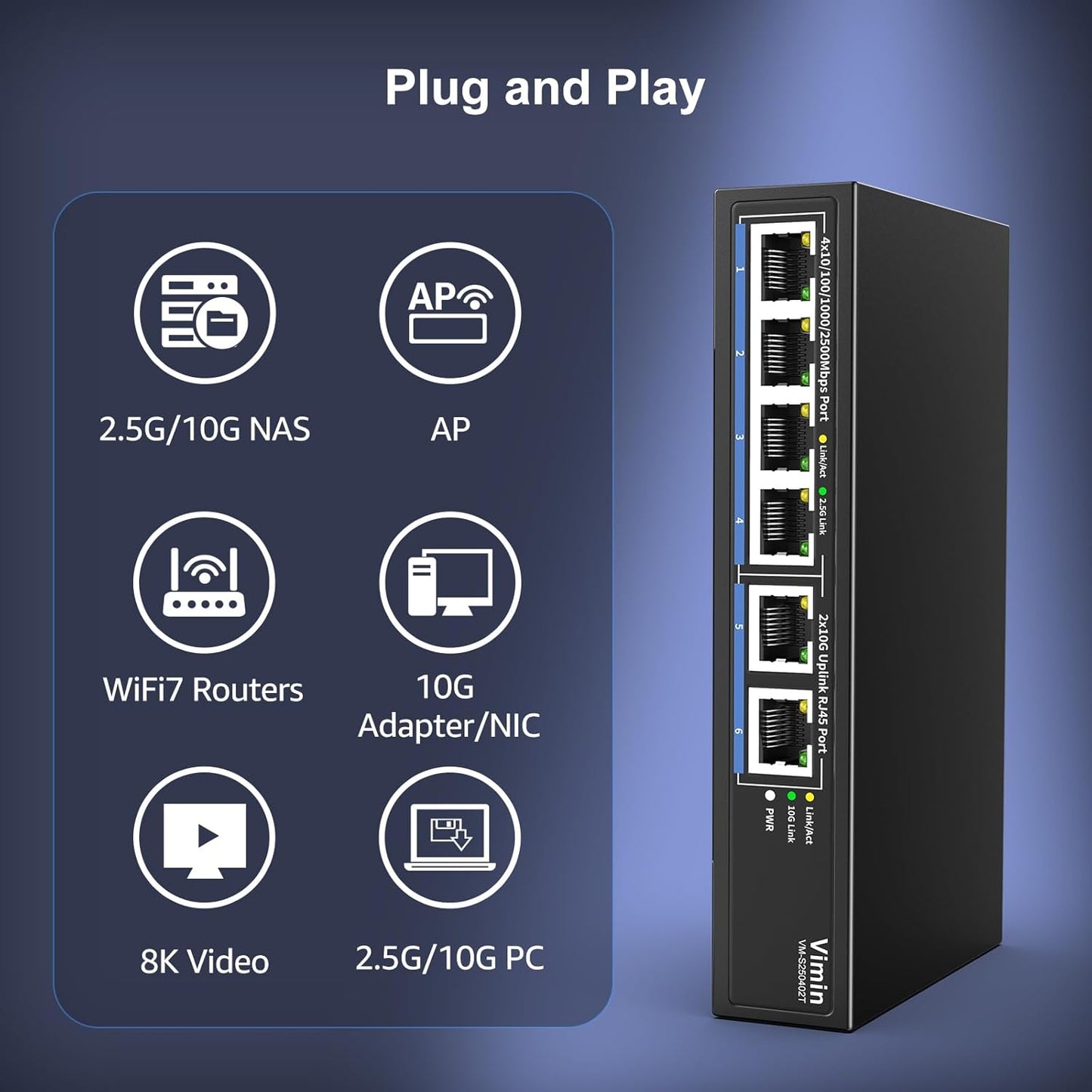 6-Port 10G/2.5G Ethernet Switch with Dual 10GBASE-T, Vimin 4X 2.5G +2 x 10Gb RJ45 Ports Unmanaged Switch, 60Gbps Capacity, 10G Switch Desktop/Wall Mount Network Switch for NAS, PC, Wireless AP