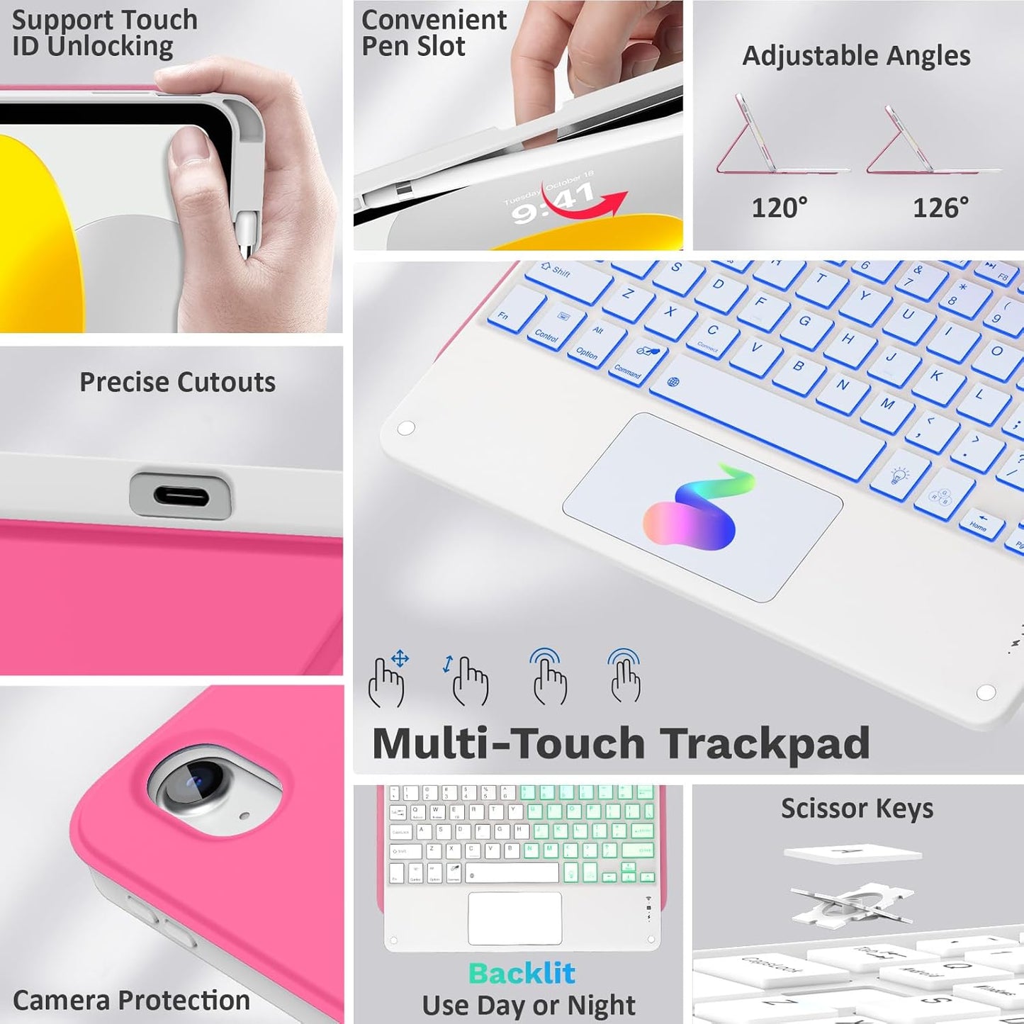 MoKo Touch Keyboard Case for iPad (A16) 11th Generation 11 inch 2025, iPad 10th Generation 10.9 inch Case with Pencil Holder, 7 Colors Backlit Multi-TrackPad Detachable Bluetooth Keyboard,Persian Pink