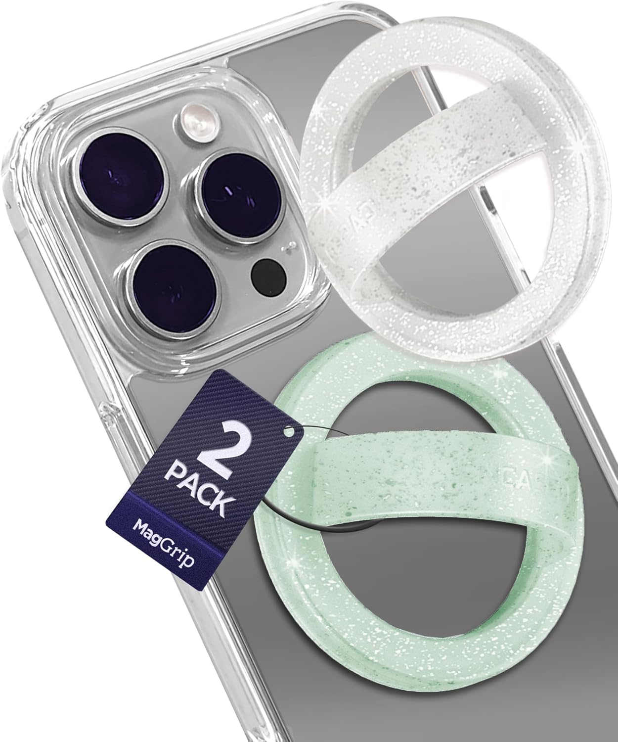 2-Pack Magnetic Phone Grip Holders Compatible with MagSafe, Soft-Touch Silicone Finger Loops for iPhone, Comfortable and Secure Fit (Clear Sparkle & Green Glitter)