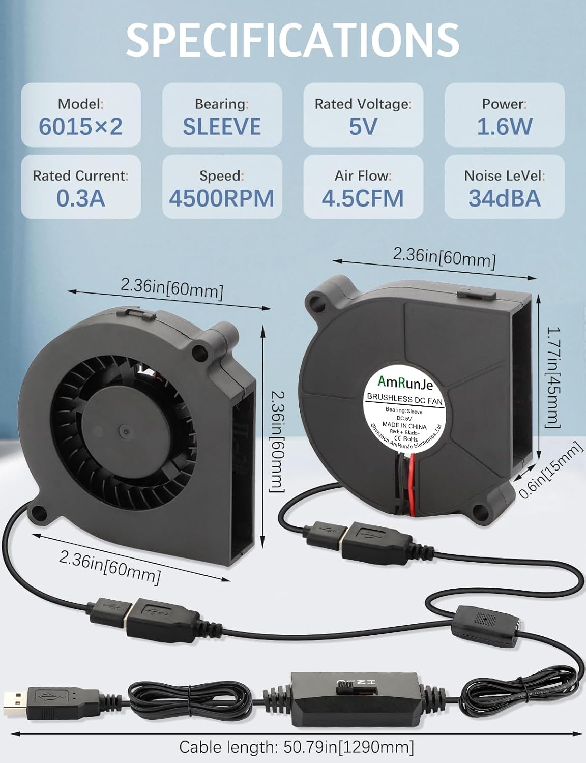 60mm x15mm 2 Pack Small USB Blower Fan 5V with 3 Degree Speed Brushless DC Squirrel Cage Fan for Cooling Xbox Computer Cosplay Costume Helmet PC Receiver