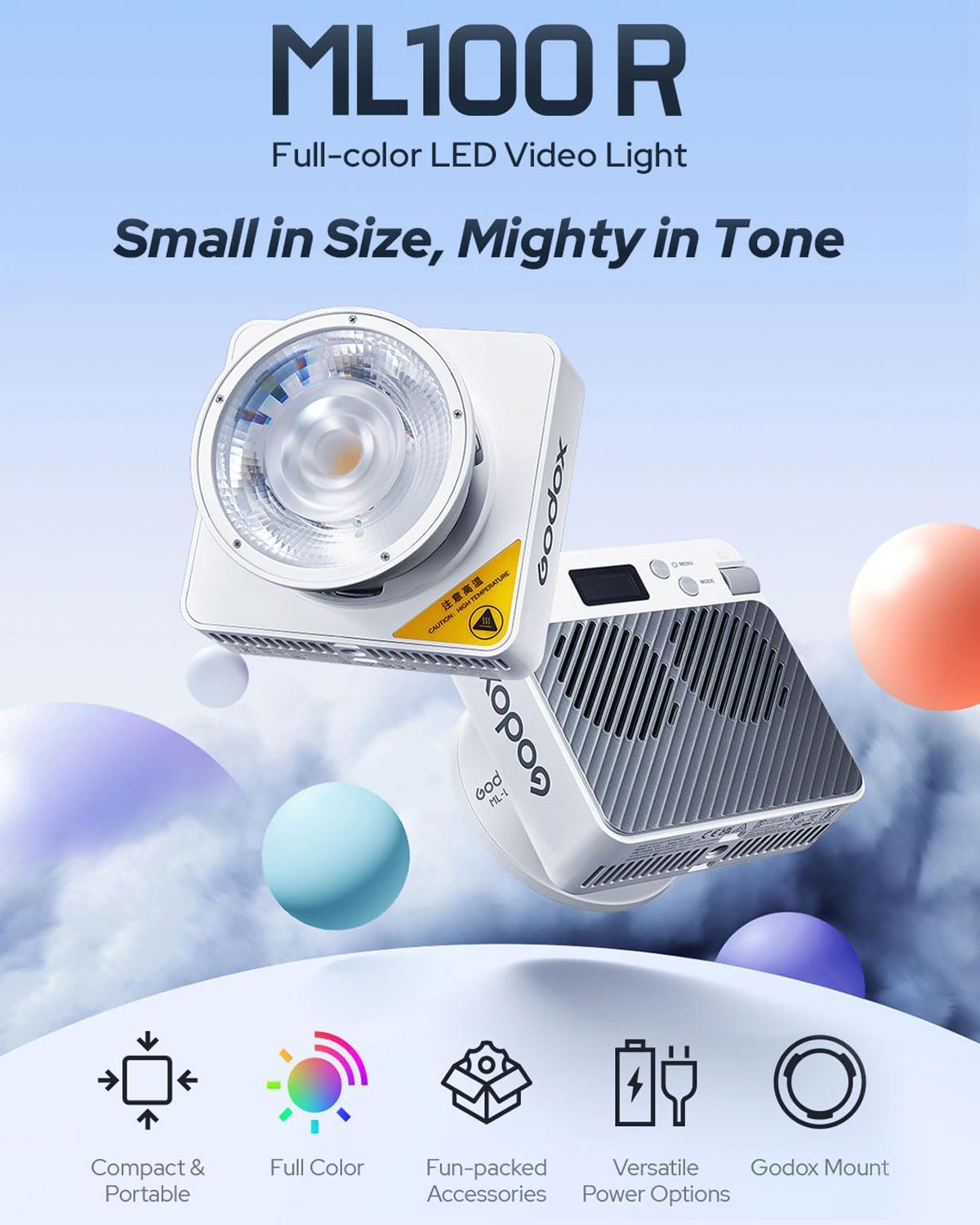 Godox ML100R 110W RGB Portable LED Video Light, 1800K-10000K, Full HSI & CCT 1800K–10,000K, CRI 95+, 14 FX, App/Onboard Control, Compact Pocket Light for Filmmaking, Live Streaming, Video Photography