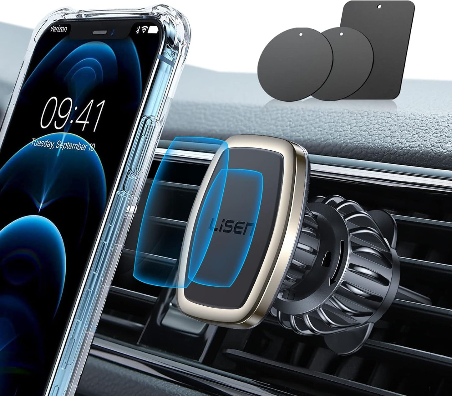LISEN Upgraded Magnetic Phone Clip for Car - Ultra Strong 6 Magnets - Holder for 4-6.7 inch Smartphones (Gold)