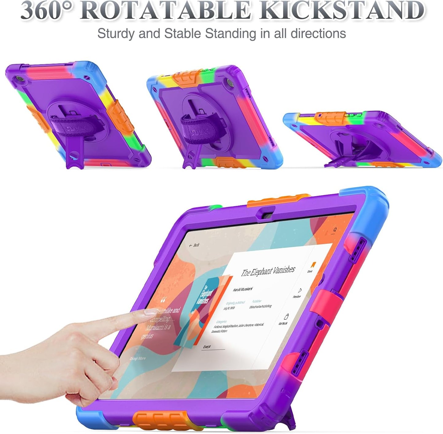 SEYMAC stock Case for Samsung Galaxy Tab A9+ Plus 11'', Full-Body Drop Protection Case with Screen Protector Pencil Holder [360° Rotating Hand Strap] &Stand, Purple+Colorful