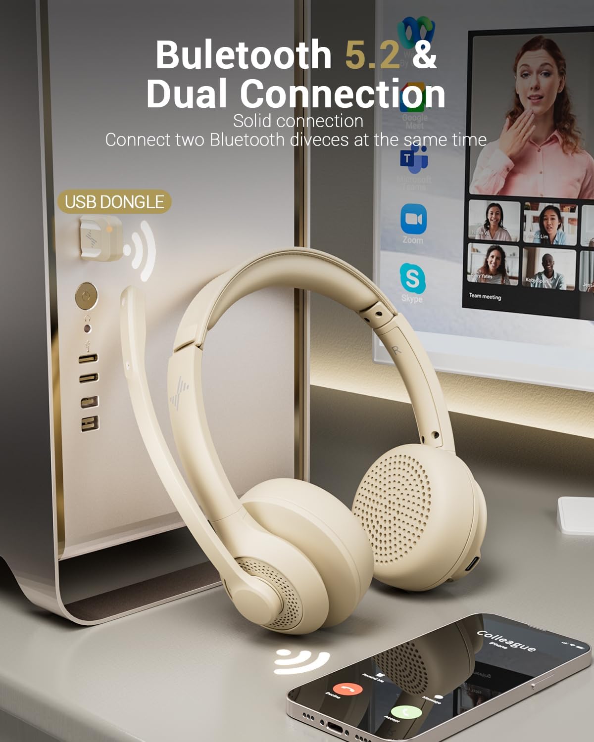 Wireless Headset with AI Noise Cancelling Microphone Bluetooth Headset - Bluetooth V5.2 Headphones with USB Dongle, Charging Base & Mic Mute for Computer/Laptop/PC/iPhone/Android/Cell Phones-Apricot