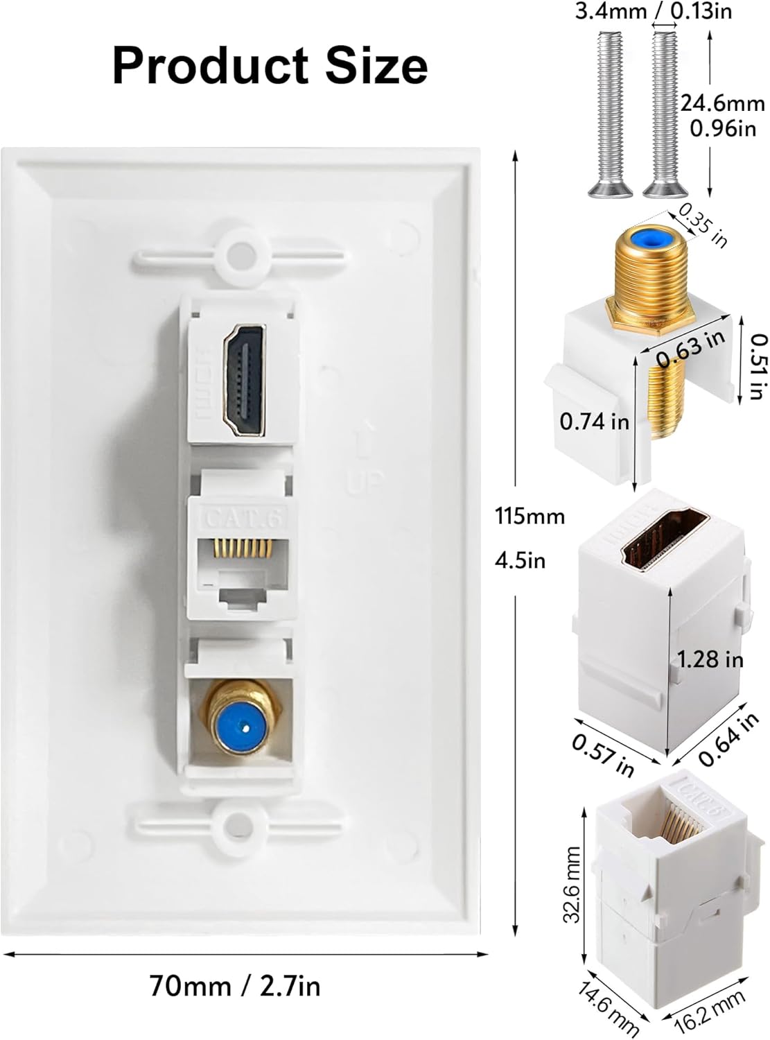 HDMI Coax Ethernet Wall Plate, 1 Port 4K HDMI Keystone, 1 Port Coax Keystone, 1 Port CAT6 Keystone Wall Plate