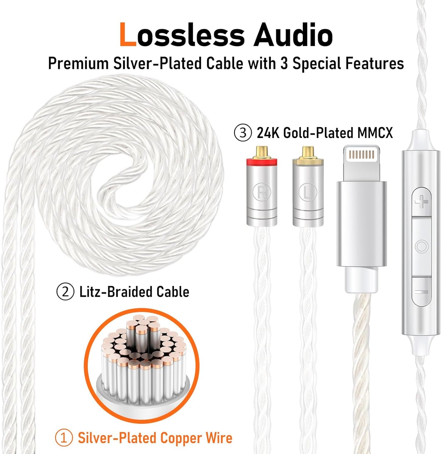 Vibes 202ML Wired Earbuds - HiFi in Ear Headphones - Noise-Isolating Ear Buds w/ Mic - Clear Sound, Deep Bass, Comfort-Fit Earphones - MMCX–Lightning for iPhone 5–14, Silver Plated Cord, Carrying Case