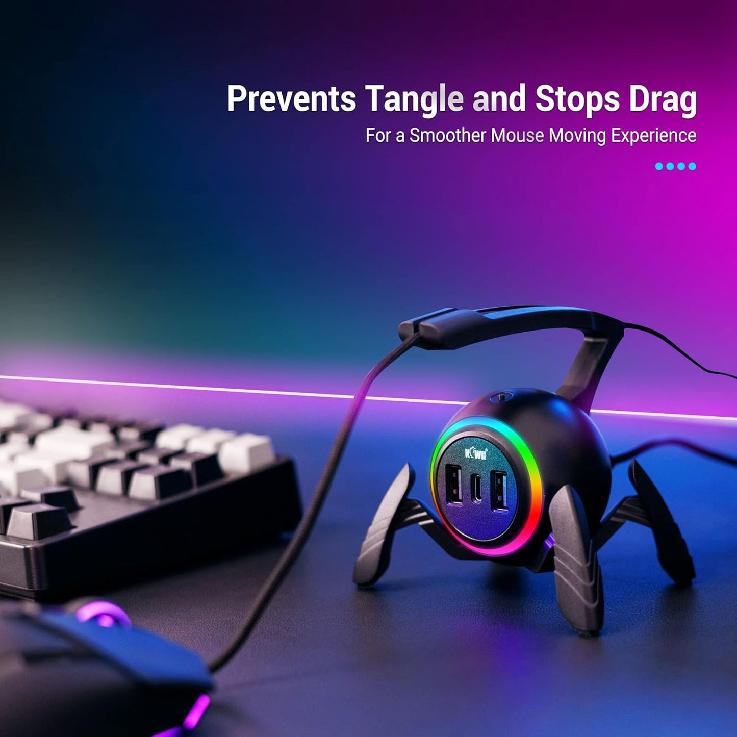 KIWIFOTOS Mouse Bungee RGB Gaming Mouse Cord Holder Controller, Upgraded Flexible Cable Management Smart RGB LED Lights 2 Port USB Hub & 1 Type-C, Spider Mouse Wire Holder