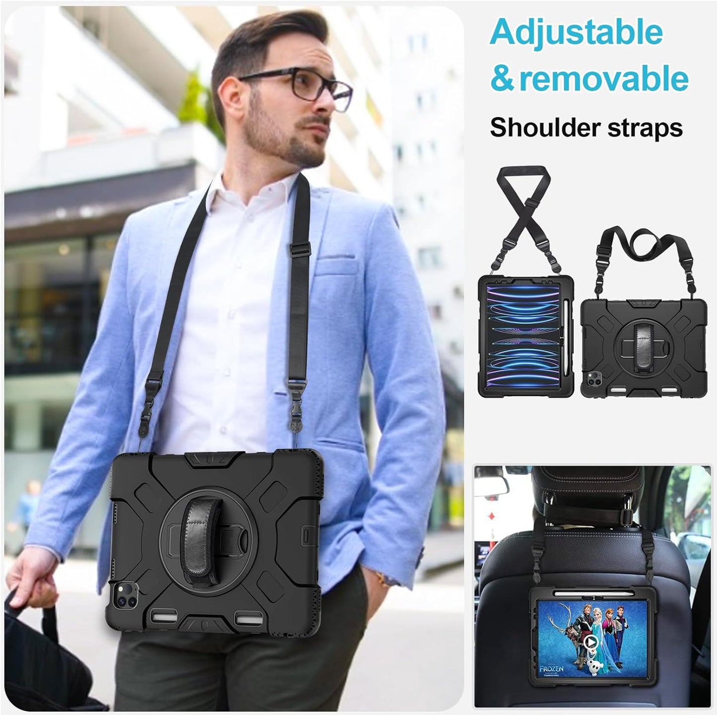 Case for iPad Pro 11 Inch (2022/2021/ 2020/2018): Silicone Cover for iPad 11 (4th/ 3rd/ 2nd/ 1st) Generation with Screen Protector- Stand- Handle- Shoulder Strap- Pencil Holder- Black