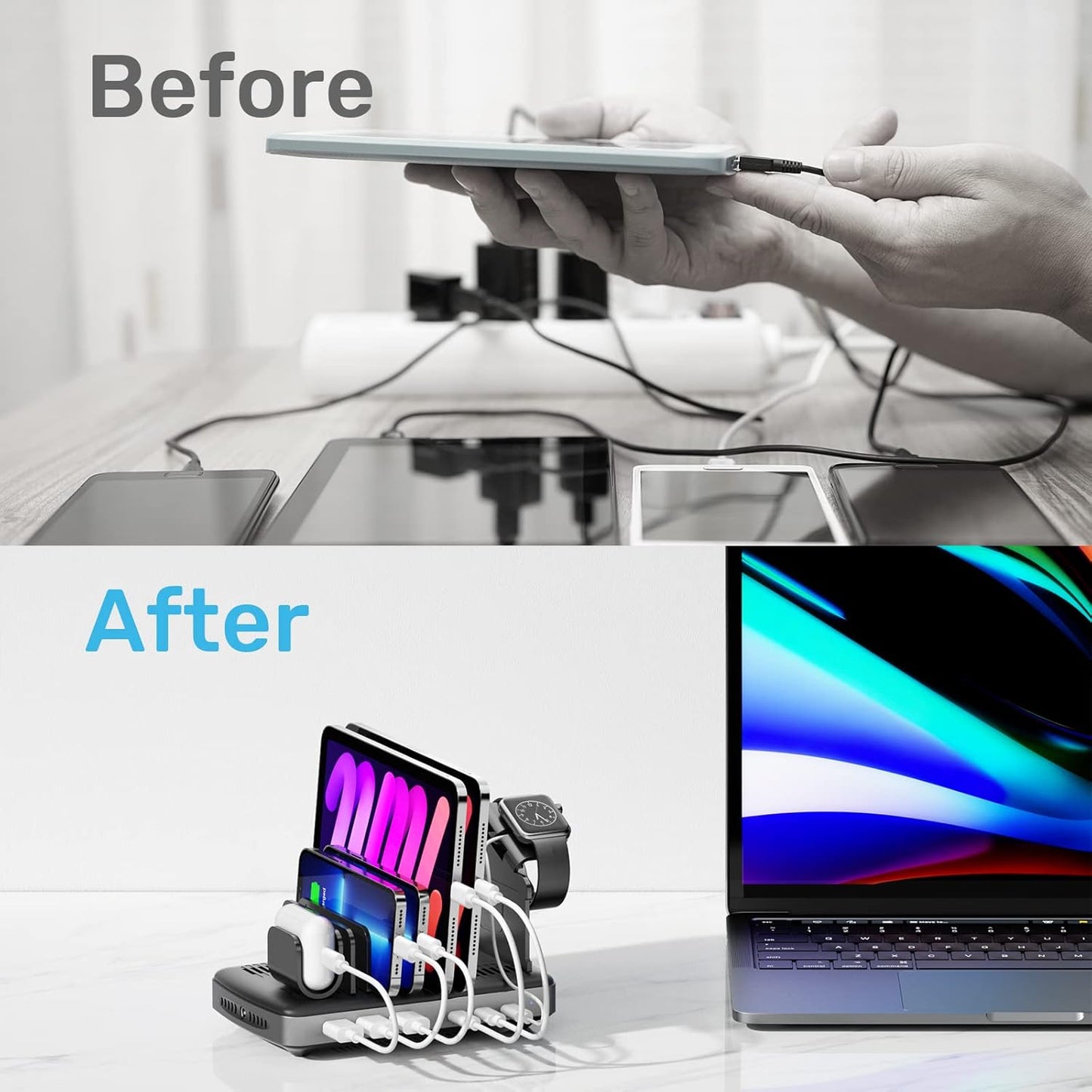 Unitek USB C Charging Station for Multiple Devices Apple, 120W 6 Port Charging Dock with Type-C PD 20W & PD 60W, Fast Charging Stand with Smartwatch & Airpods Holder for iPhone, iPad, Tablet, MacBook