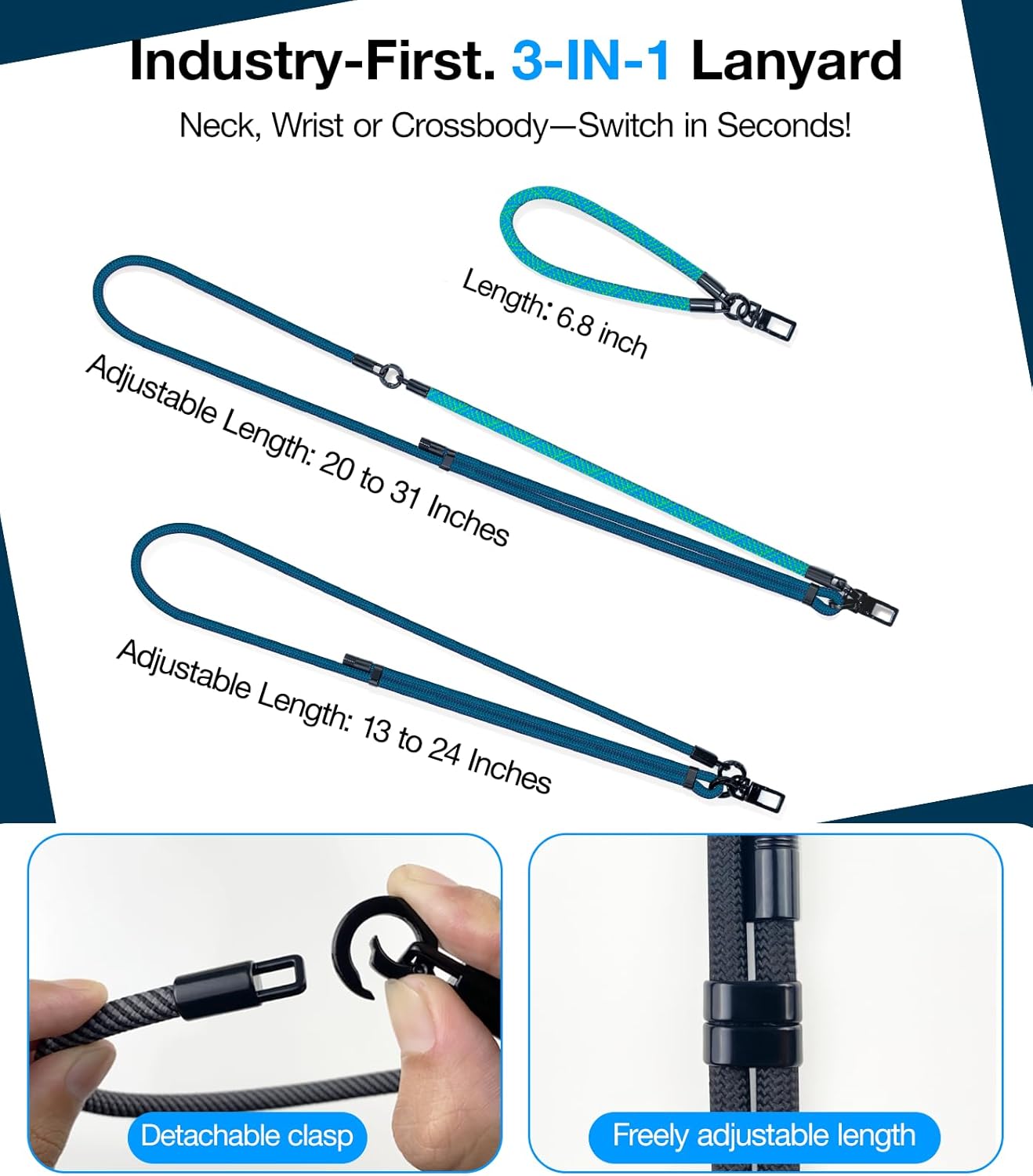 Phone Lanyard Crossbody, 3-in-1 Neck Strap& Wrist Strap, Adjustable Anti-Theft Lanyard with 2 Phone Tether Tabs, Universal Cell Phone Strap for iPhone& Android Case, Travel Essential, Teal