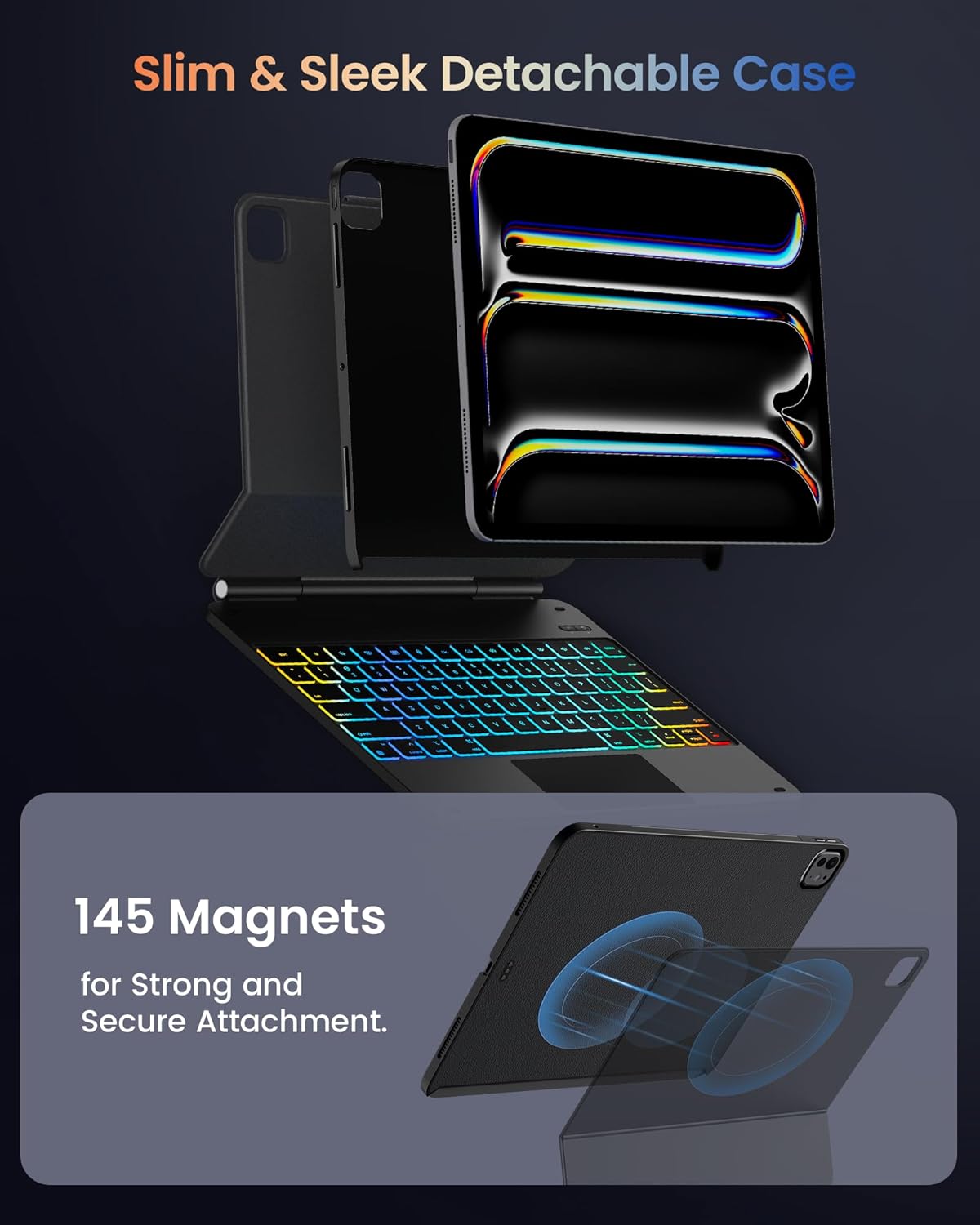 typecase Edge+ Keyboard Case for 2024 iPad Pro 13-inch (M4),Black Keyboard with Litchi Grain Protective Case,Portrait & Typing Modes,Built-in Trackpad,11-Color Backlight,Magnetic Stand,Pencil Holder