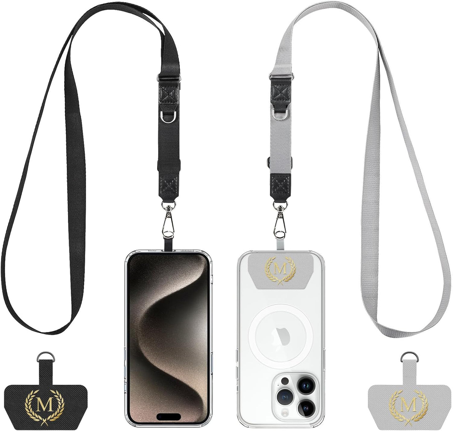 Phone Lanyard 2 Pack, Adjustable Cell Phone Multifuctional Patch Lanyards,Compatible with Most Smartphones and Wallets Keys ID Badges Travel Essentials(Black+Gray) (Lanyard Letter Sign M)