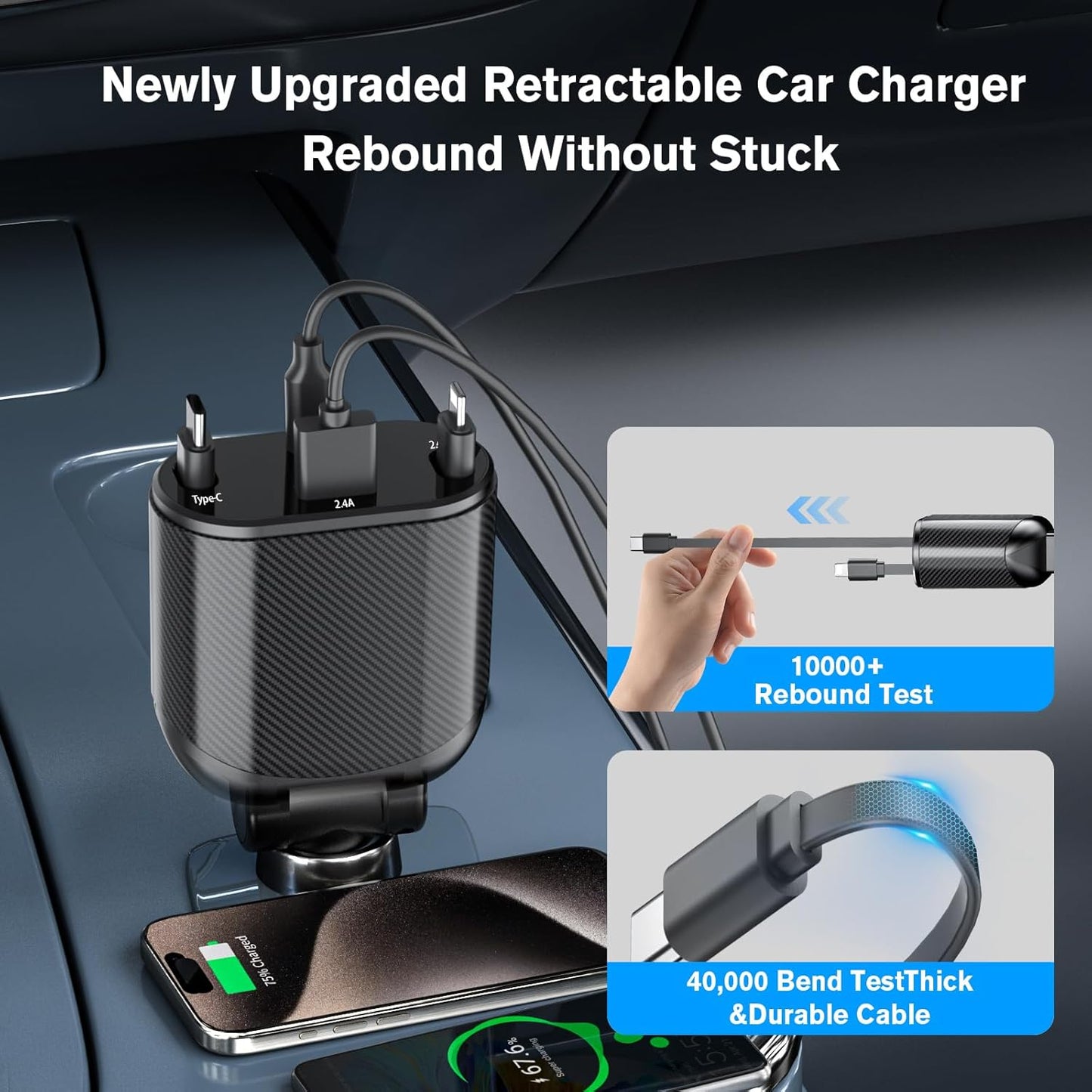 Retractable Car Charger 4 in 1 Fast Charging Adapter Magjieyx 62W Retractable Type-C/USB-i Cables and USB C/USB A QC & PD Devices for iPhone 16/15/14/13/12Pro Max Plus,iPad,AirPods, Galaxy