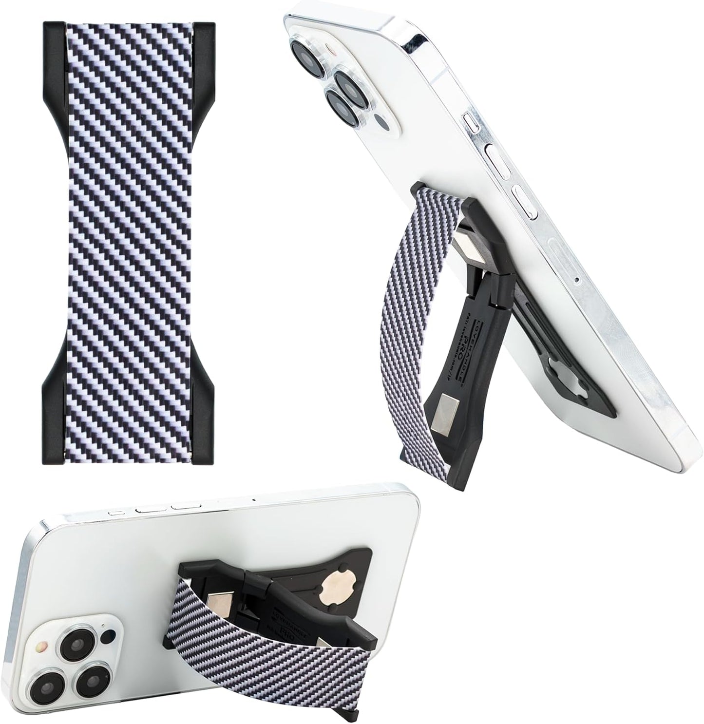 LOVEHANDLE PRO Premium Phone Grip - Silicone Phone Strap - Magnetic Phone Mount and Kickstand for Smartphone and Tablet - Carbon Fiber