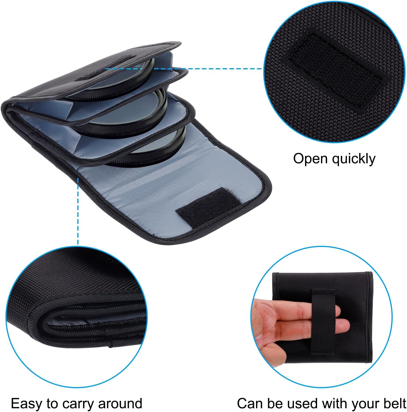 PATIKIL Lens Filter Case, 3-Pocket Camera Filter Case Portable Lens Filter Pouch Photography with Belt Loop Fit Camera Bag Strap Pocket Drone for 25mm-82mm, Black