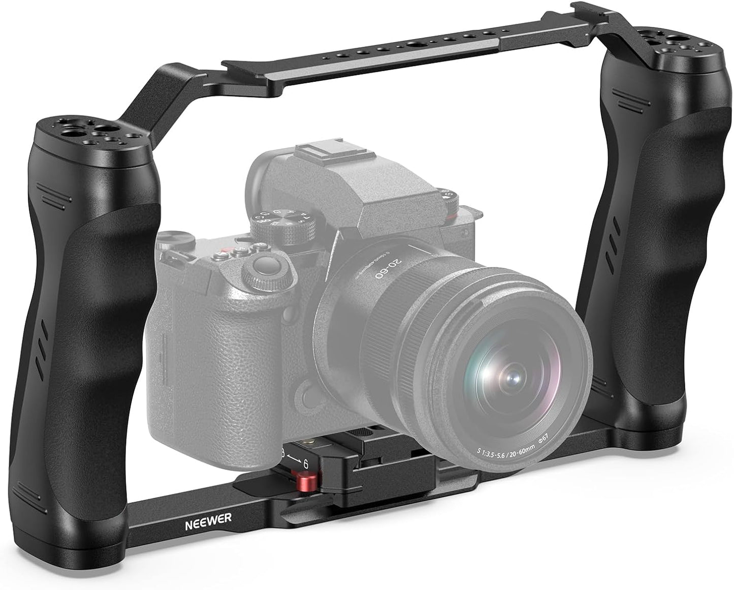 NEEWER Video Camera Cage Rig with Arca Type Quick Release Plate, Double Handles, 3/8" ARRI 1/4" Threads, Cold Shoes, Universal Camera Stabilizer, Compatible with SmallRig NEEWER Base Plate, CA077
