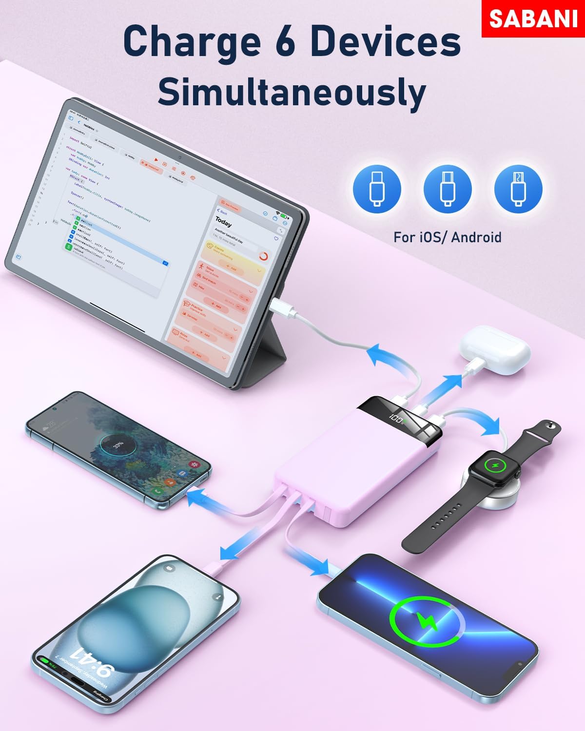 SABANI Portable Charger 35000mAh Power Bank - Portable Battery with 4 Built in Cables, 22.5W Fast Charging Battery Pack Compatible with iPhone 16 15 14 13 Samsung Android Phone etc (1 Pack, Purple)