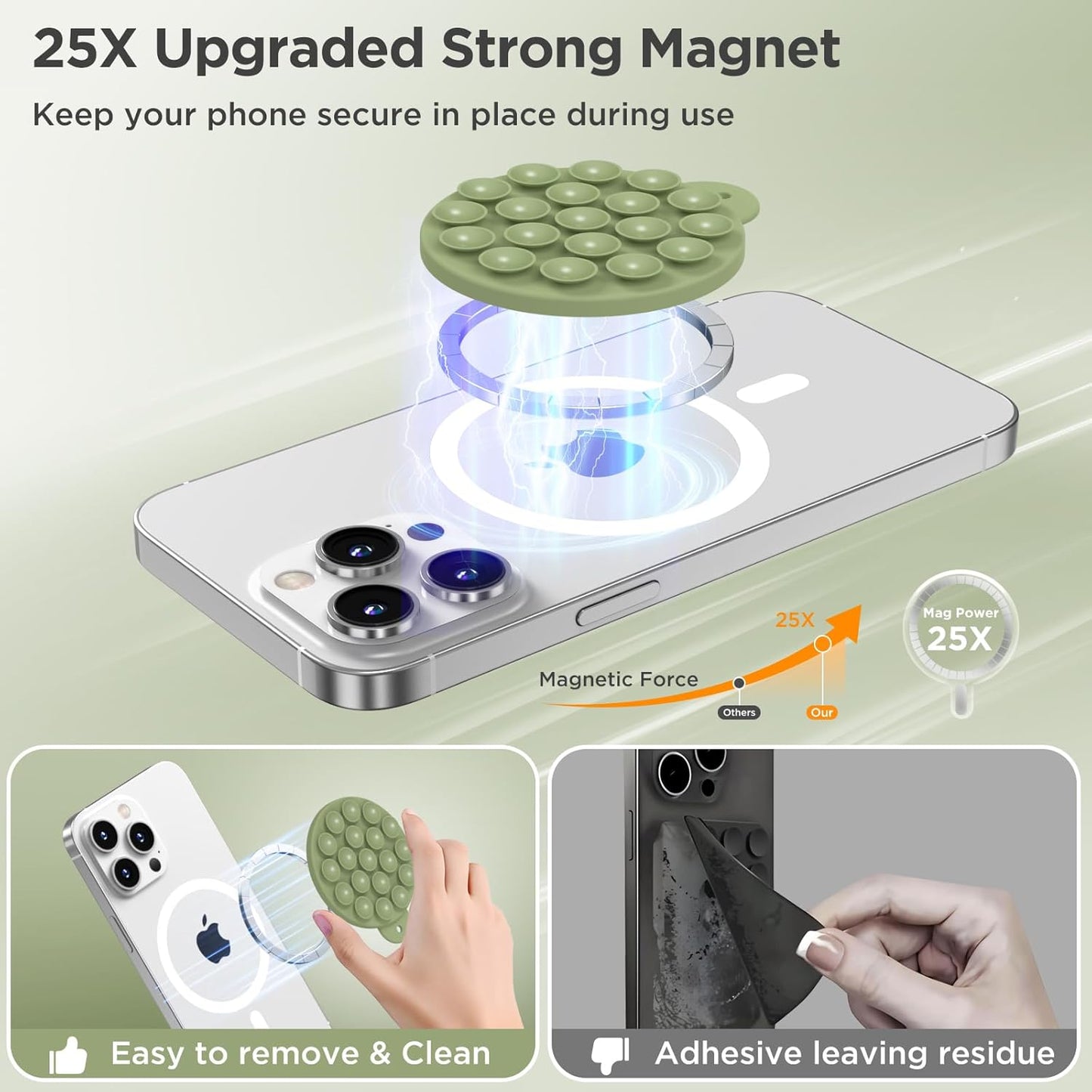 Magnetic Suction Cup Phone Mount for MagSafe Case, Silicone Hands-Free Grip Holder for iPhone and Android, Mirror Shower Phone Stand for Makeup FaceTime Gym Kitchen Bathroom, Tea Green