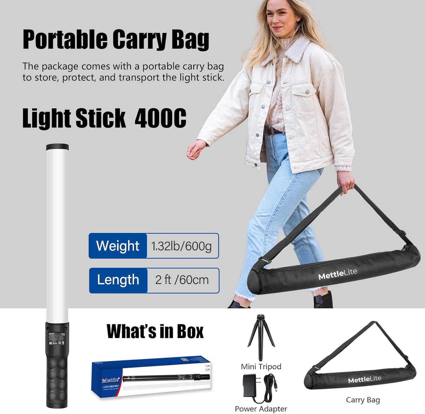 Mettlelite LS400C RGB LED Light Stick Full Color Continuous Output Video Light 2 ft with APP Control 2800K-8000K CRI96 TLCI97 RGB CCT HSI 10 Customizable Light Effects Built in Rechargeable Battery