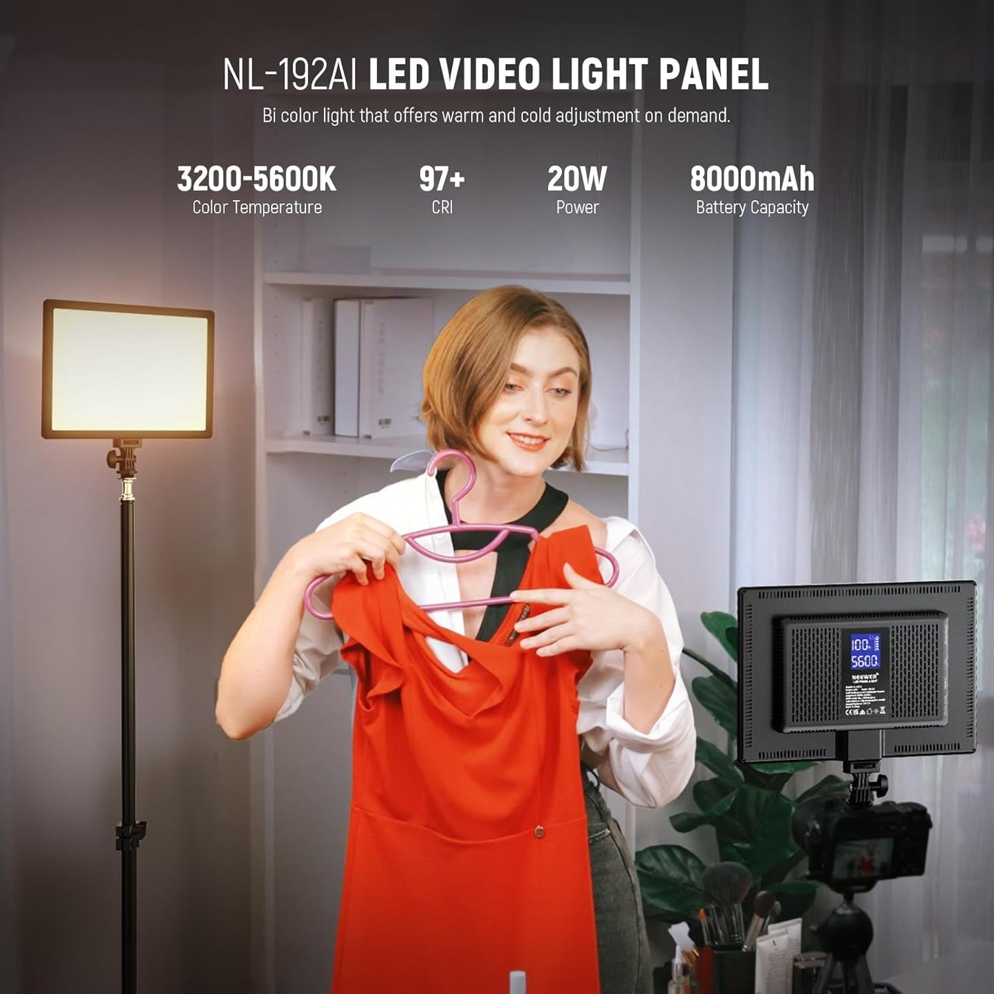 NEEWER 192 LED Video Light Panel, 20W Ultra Thin 8000mAh Bi Color Dimmable DSLR Camera Soft Photography Key Lighting 3200K-5600K CRI97+ for Studio Recording Live Streaming, Cleaning Cloth