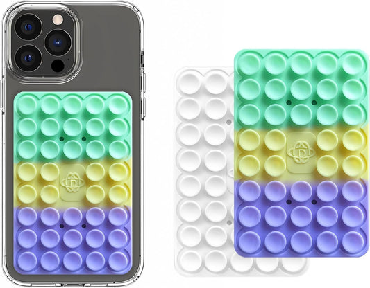 Silicone Double-Sided Suction Phone Grip Detachable Mount - Car Dashboard/Shower Phone Holder, Hands-Free For Selfies & Videos, ASMR- iphone & Android Compatible (Large, White+Colorful Stripes)