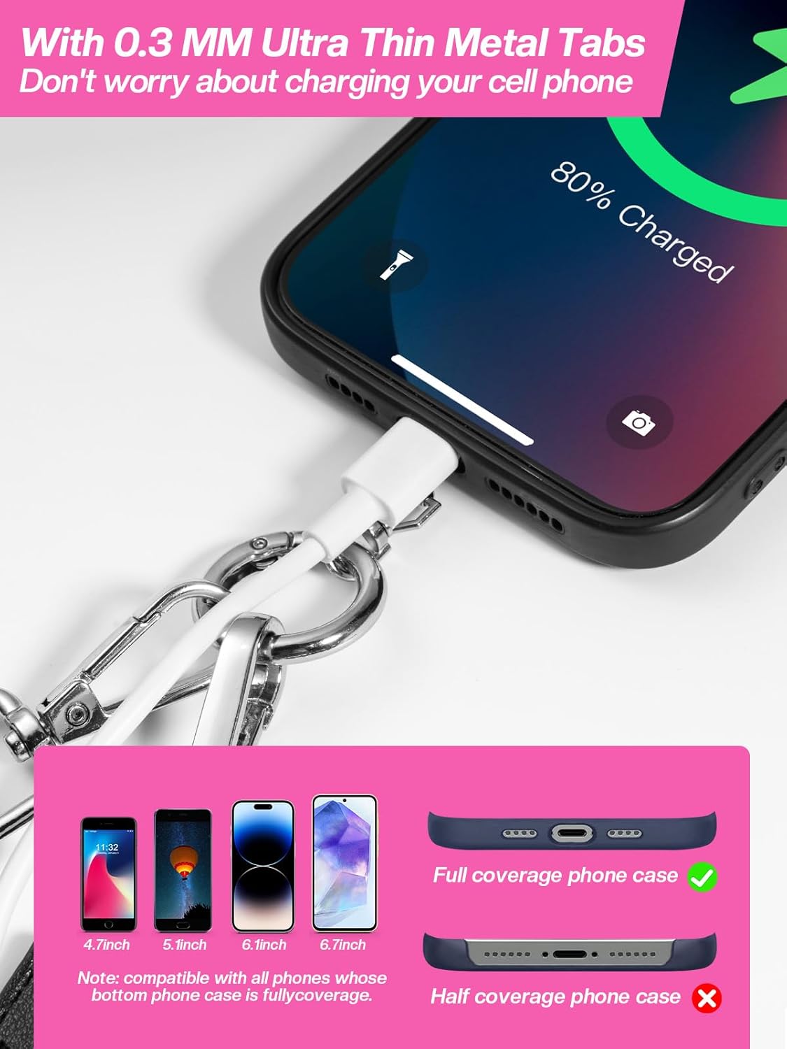 Clip and Go Strap for Phone with Wallet Crossbody Phone Lanyard Adjustable and Detachable RFID Wristlet Wallet with ID Window and Zipper, Hot Pink